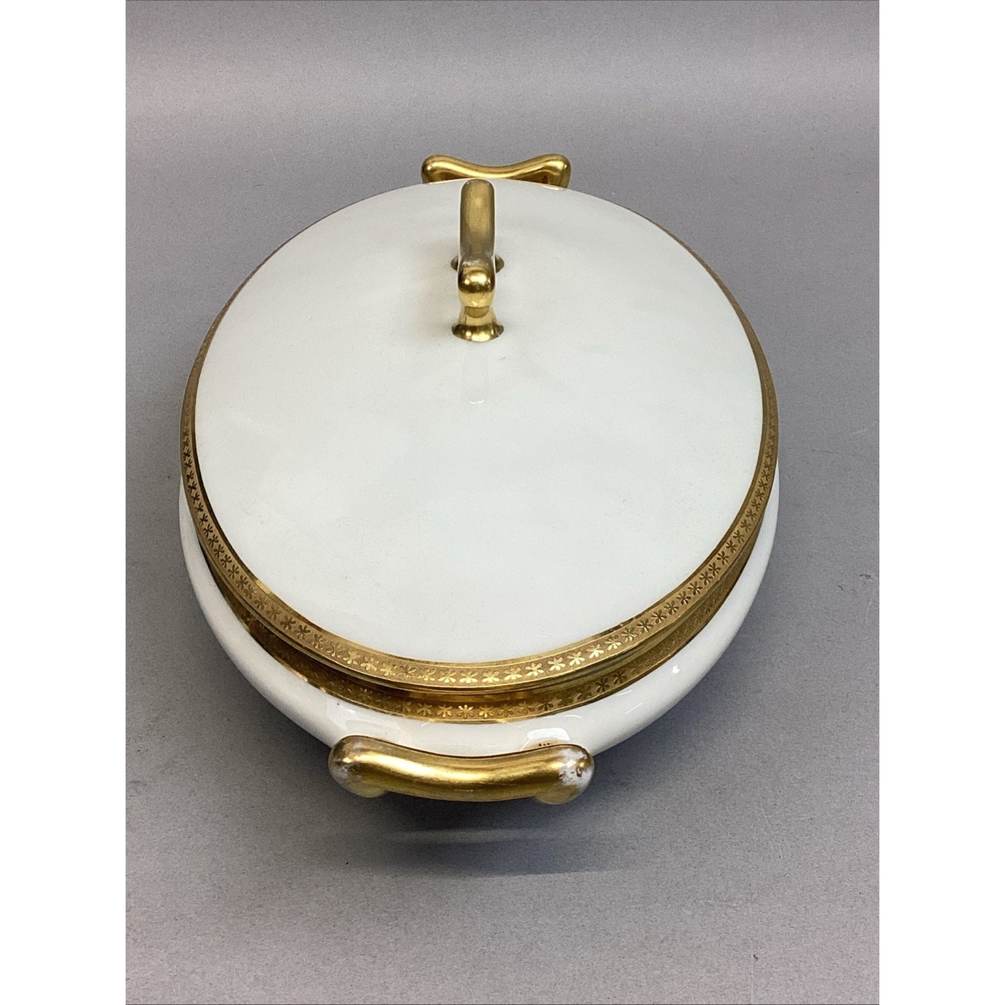 Limoges Elite White W/ Gold Encrusted Oval Covered Vegetable Dish French China