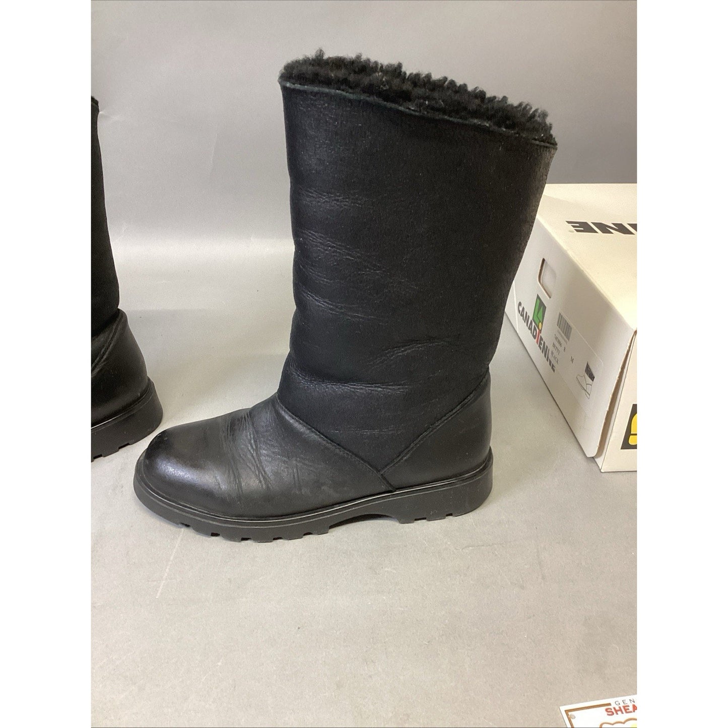 LA CANADIENNE Betty Black Genuine Shearling Fur Lined Mid Calf Boots - 8M