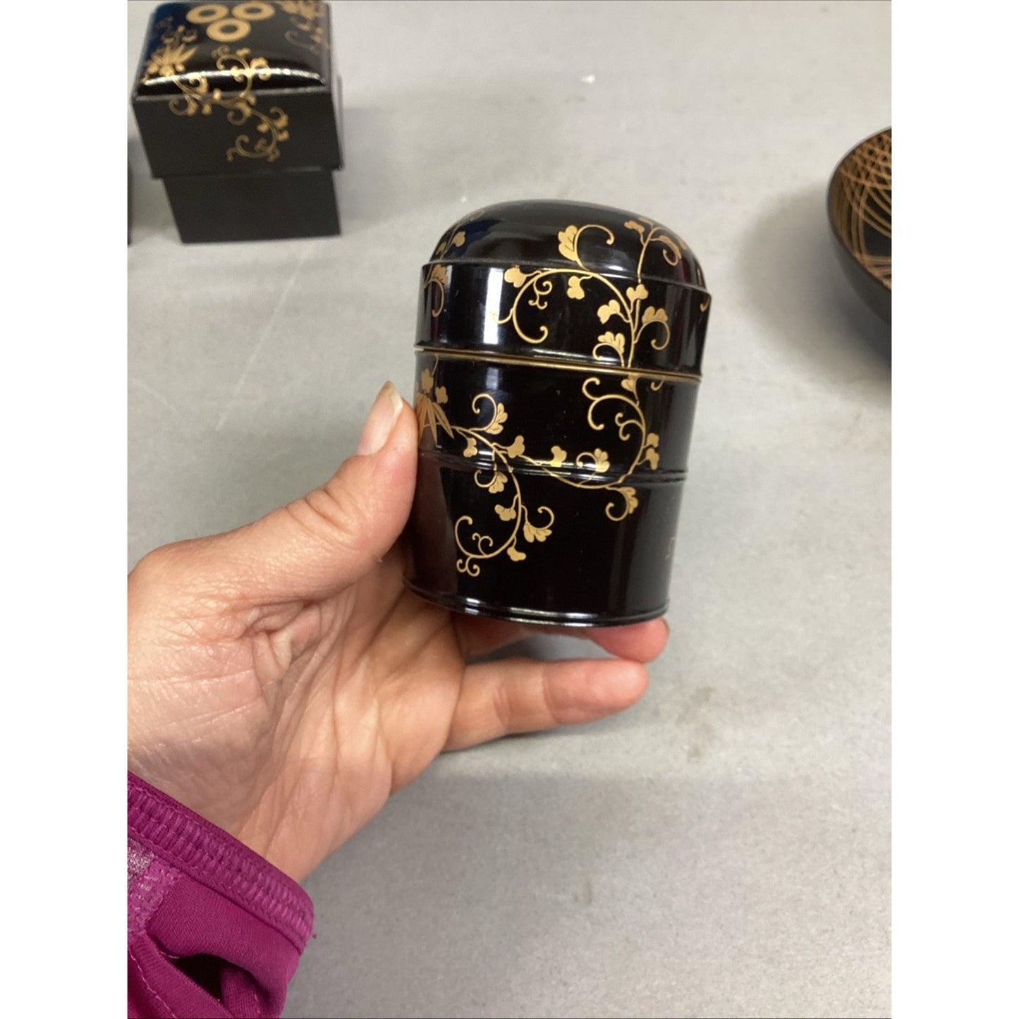 Set Of 2 Lacquer Box Makie Container Cases, 2 Trinket Boxes & 1 Sake Cup/Bowl