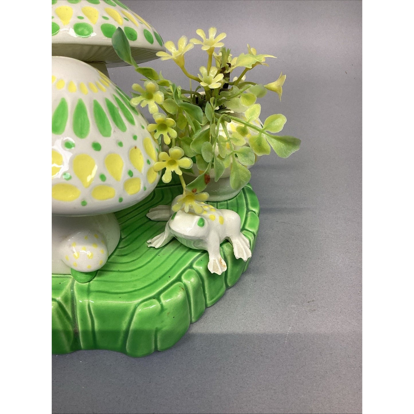 Ceramic Spring Time Statue - Frogs, Mushrooms, Plants Figurine - 6”Hx8”Lx6.5”W