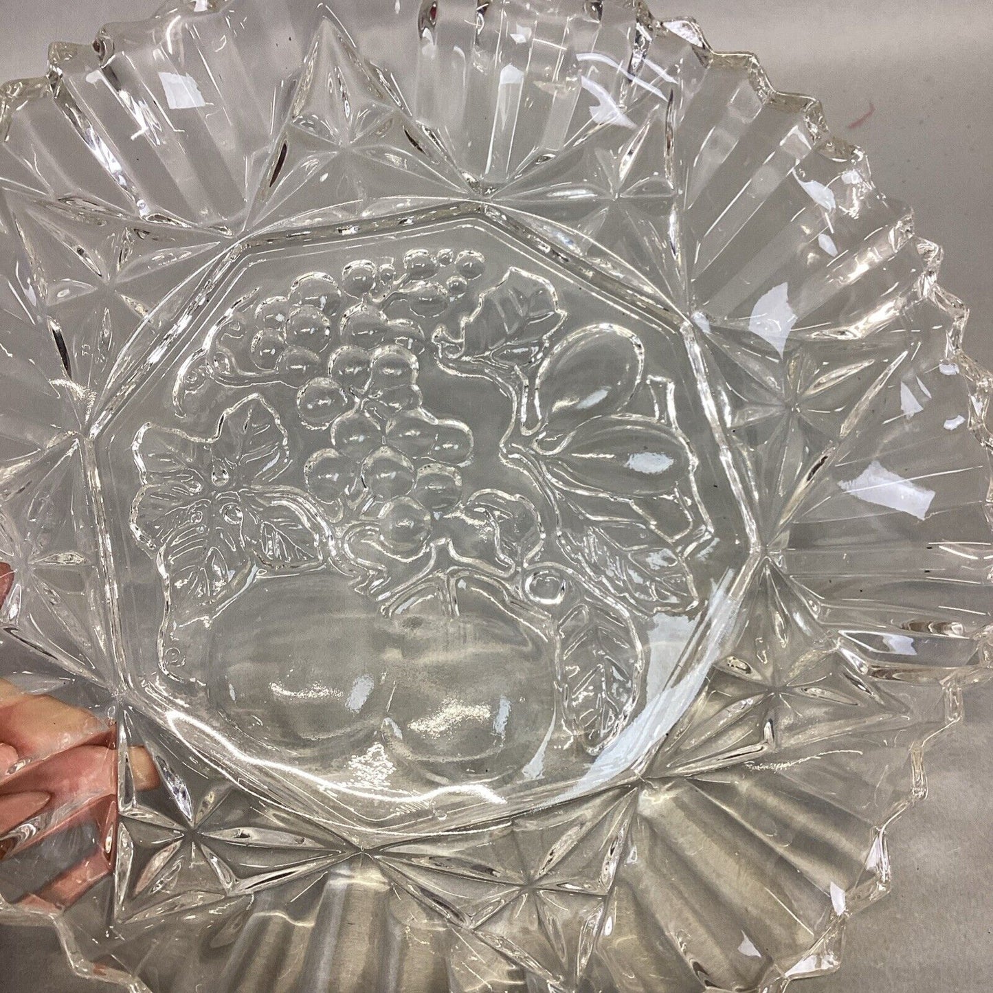 Vintage Federal Glass Pioneer Pattern Serving Bowl Clear Fruit Pressed Glass 10”