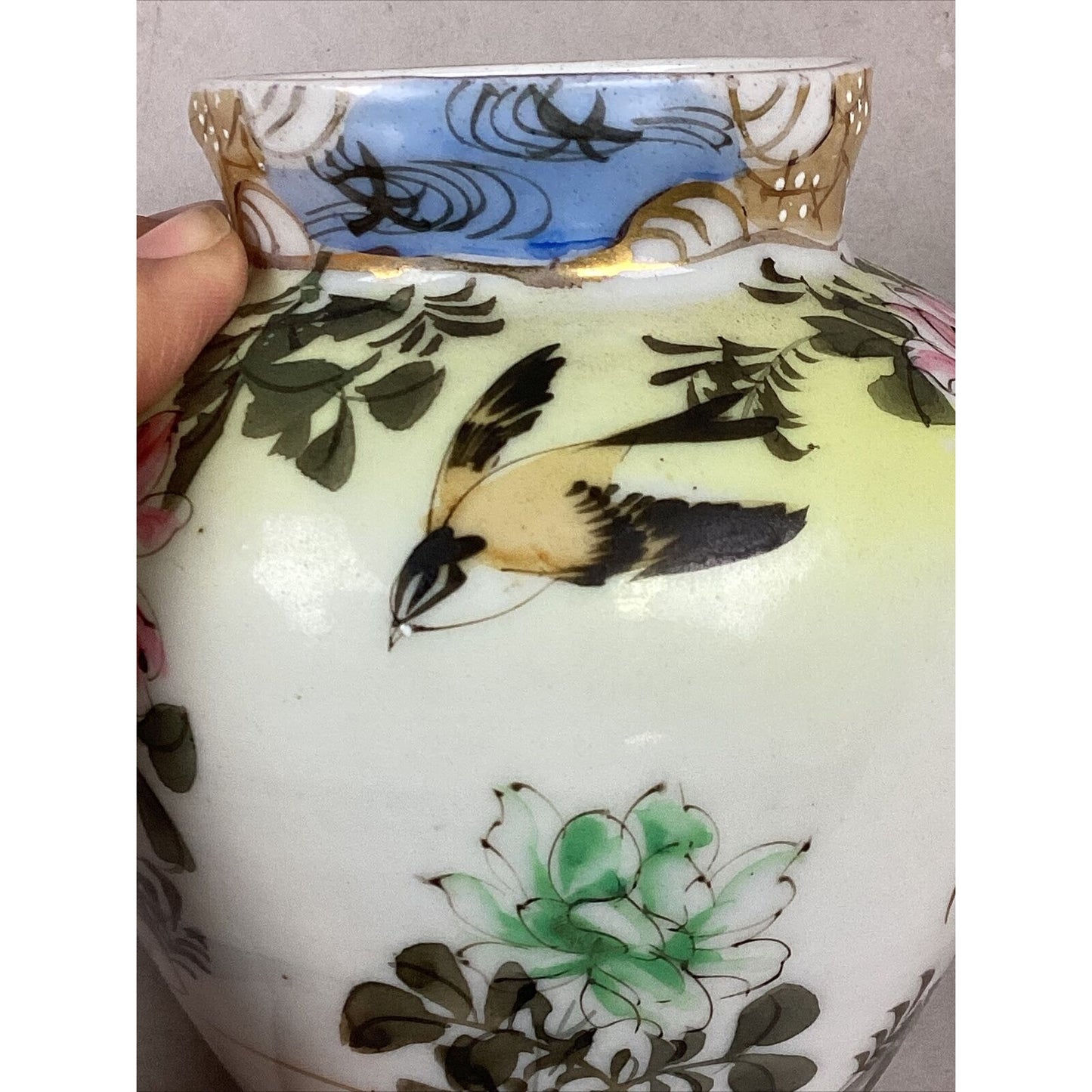 Vintage Hand Painted Floral Japanese Porcelain Vase - 4.25”