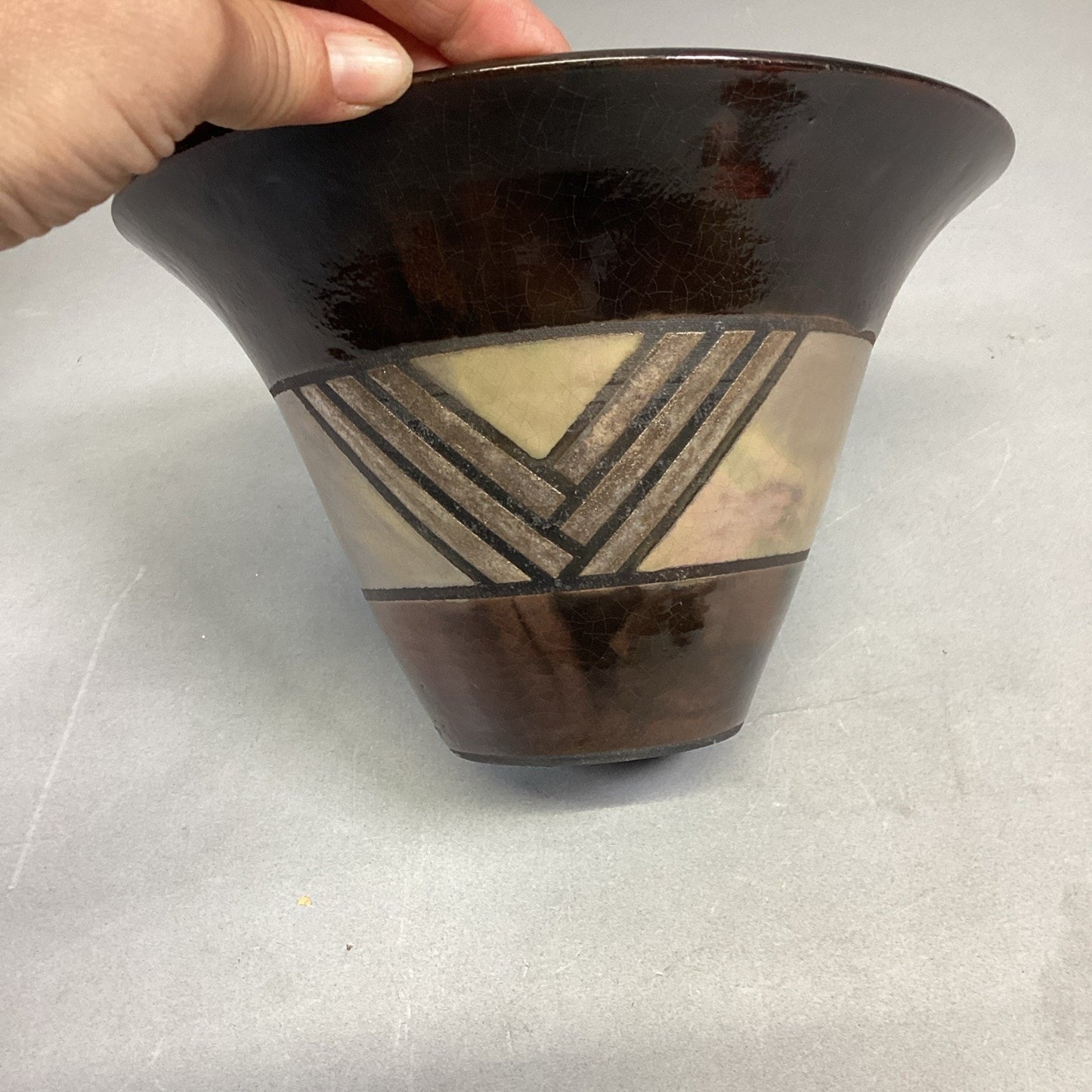 Handmade Pottery Medium Sized Geometric Shape Bowl - 8.5”D - Signed On Base