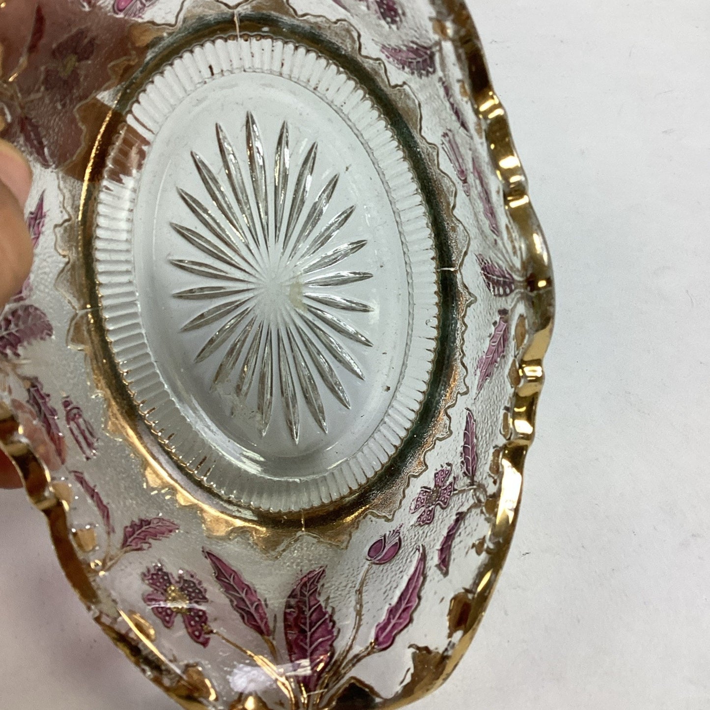 EAPG US Glass Co Rose Stain Delaware Pattern Master Berry Oval Bowl 5 5/8”