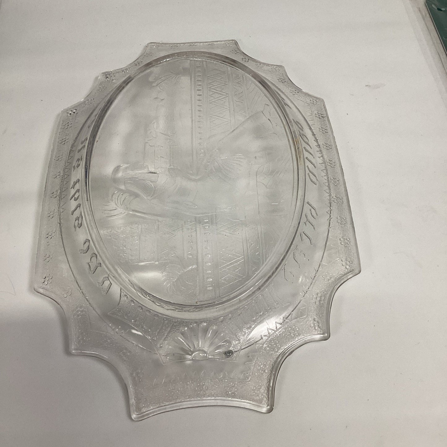 RARE VINTAGE Oval Glass Serving Plate GIVE US THIS DAY Egyptian Wheat Design