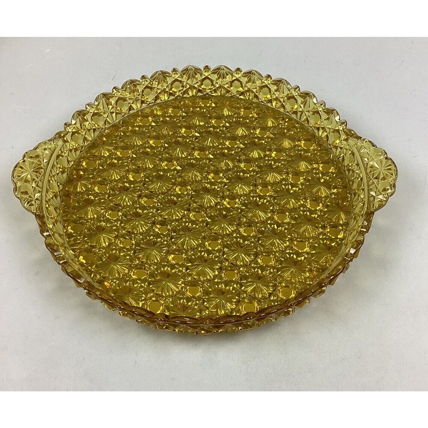 Amber Gold Star Cut Glass Serving Dish & 6 Curved Dessert Bowls/Plates