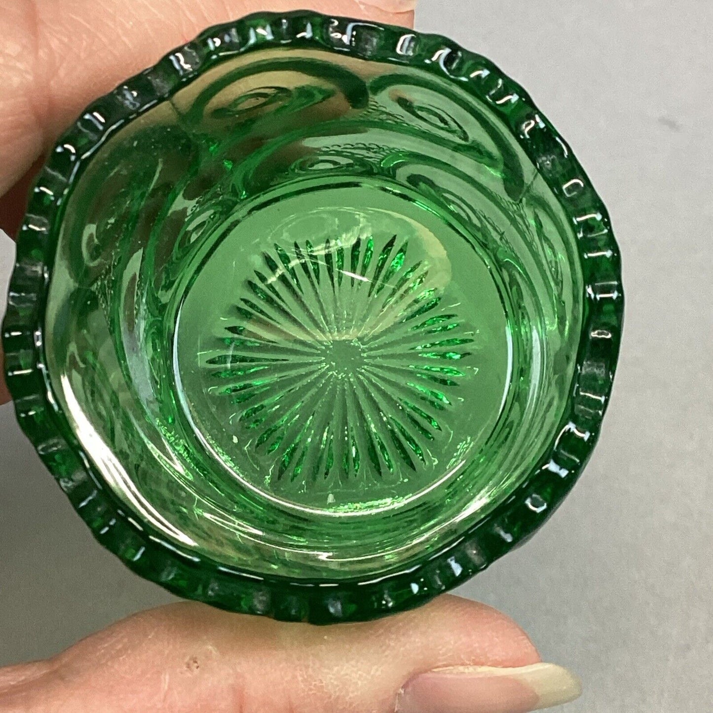 Vintage Pressed Green Glass Toothpick Holder Swirling Waves - 2.5x1.75”