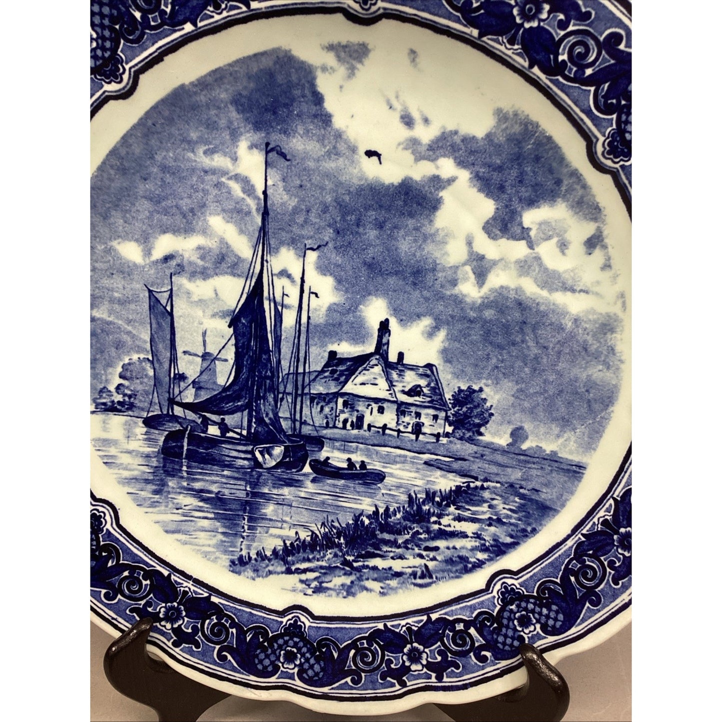 Vtg. Delft Royal Sphinx Maastricht 12" Sailboats/Windmill Plate Made In Holland