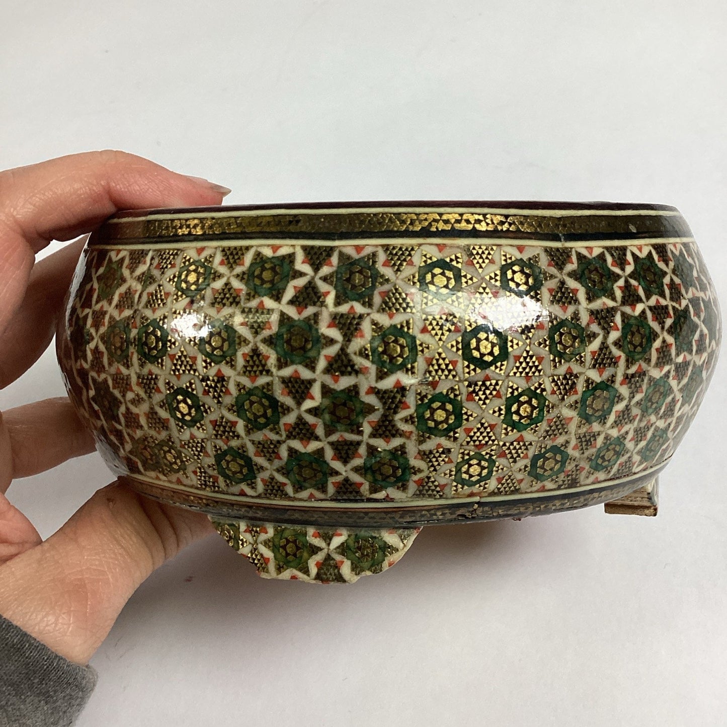 Antique Anglo Indian Micro Mosiac Inlaid Round Trinket Box