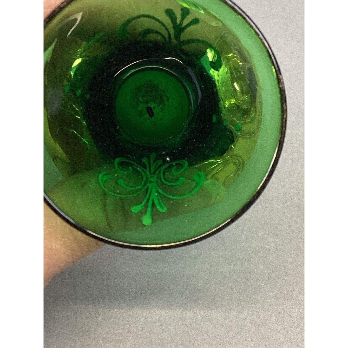Vtg Bohemian Czech Green Glass Vase Encrusted Gilt Gold Enamel Flowers - 3.25”