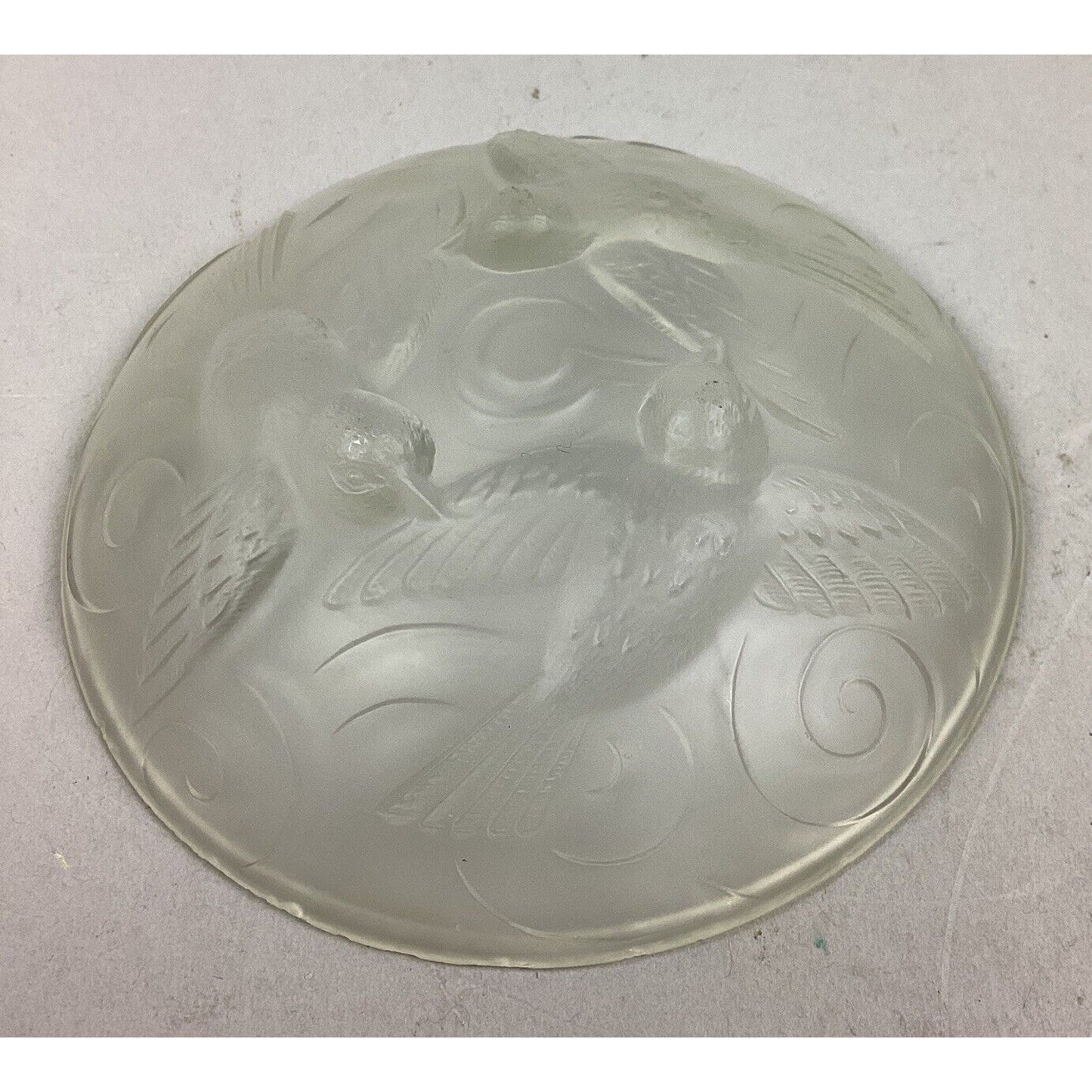 Vintage Czech Frosted Crystal Glass Flying Birds Trinket Dish - 4”