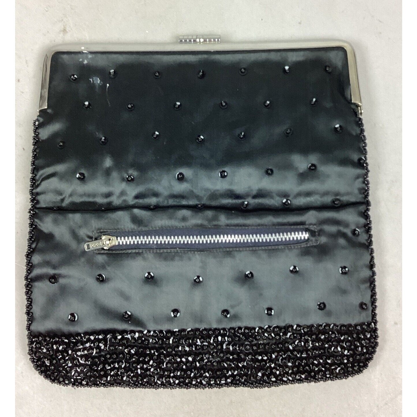 Vintage Black Beaded Fold Over Clutch Satin Beaded Side - 8”Lx4.25”H