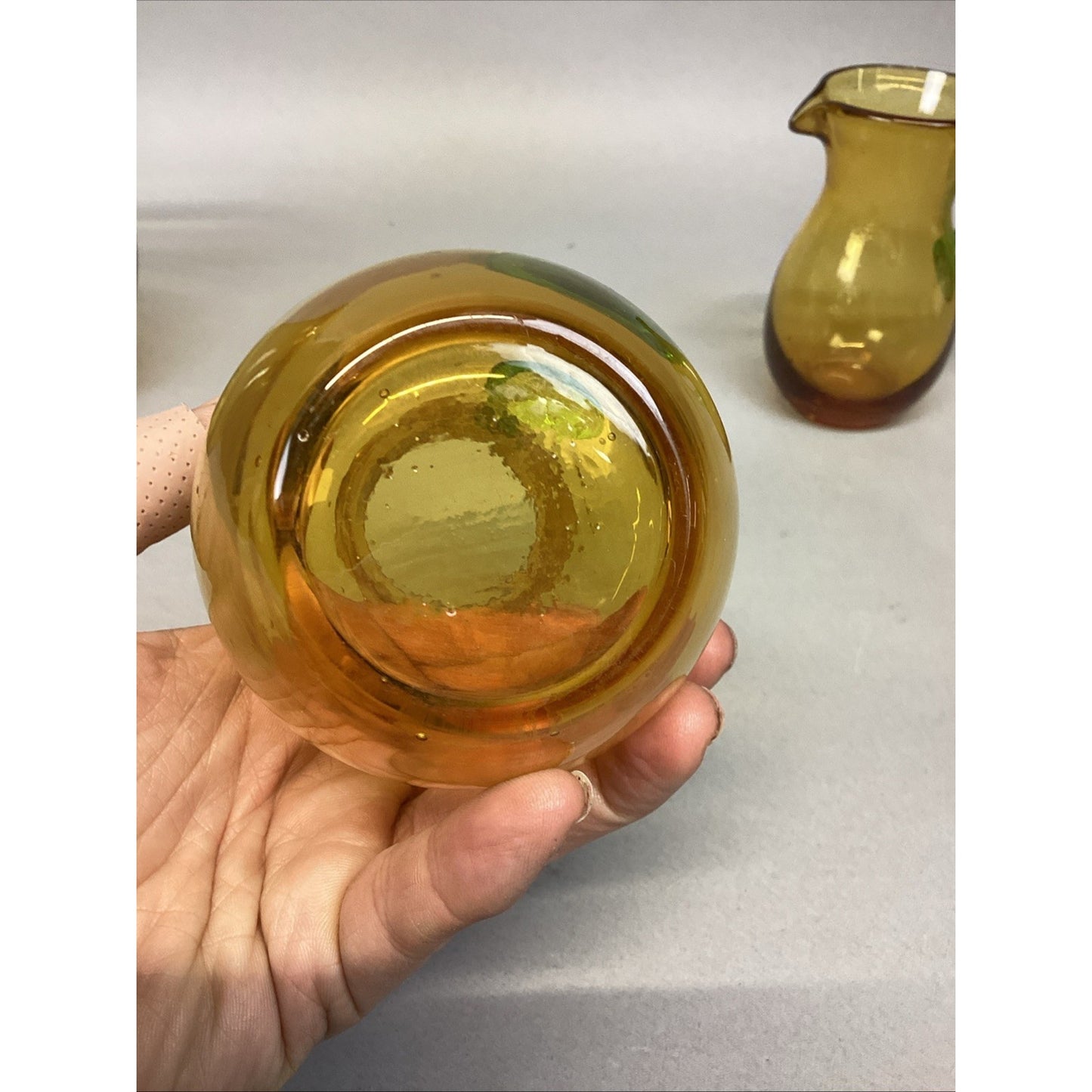 Set Of 3 Art Bubble Glass Hand Blown Pitcher W/ Amber Green Attached Handle