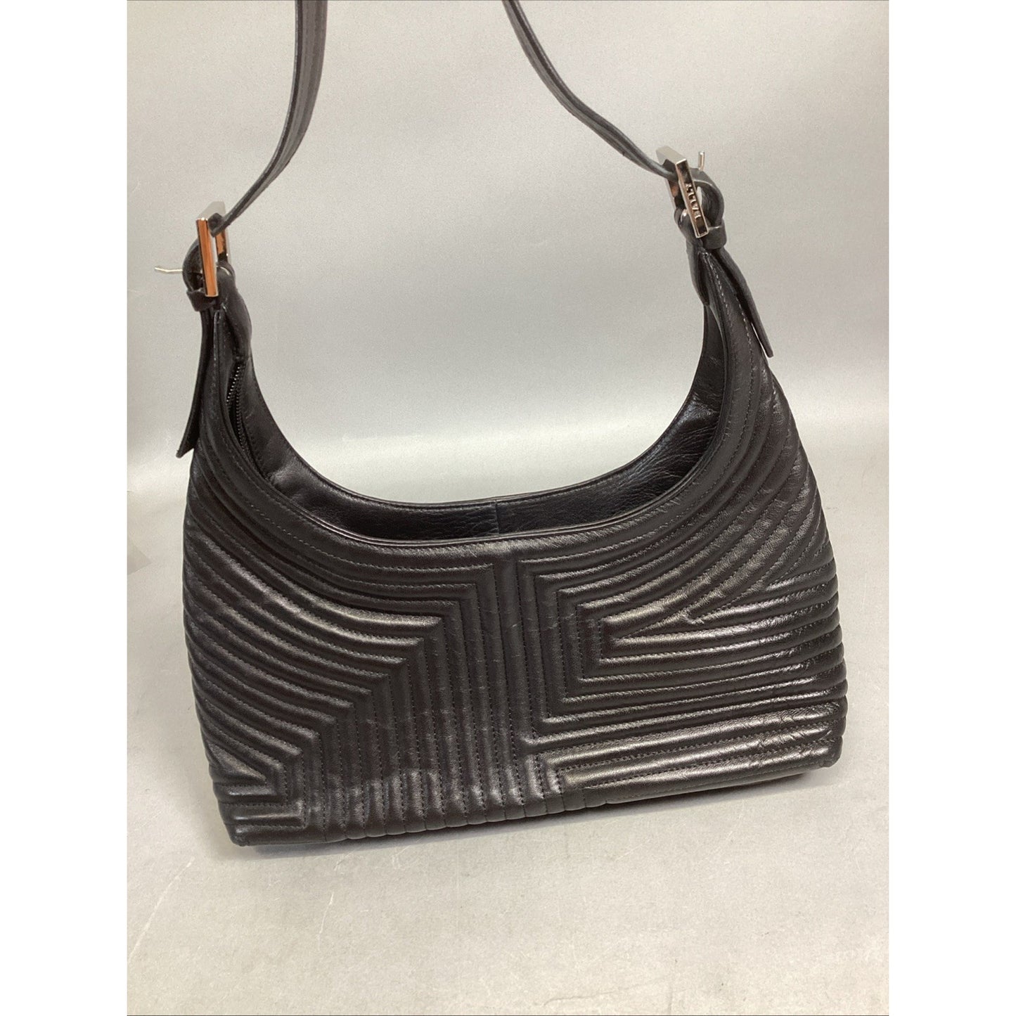 Bally Half Moon Quilted Black Leather Shoulder Bag W/ Mirror