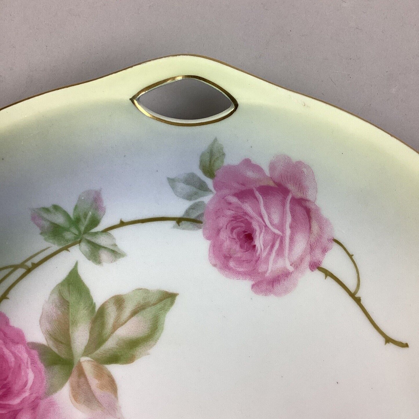 Antique German Roses Cookie Cake Dessert Serving Dish With Gold Trim & Handles