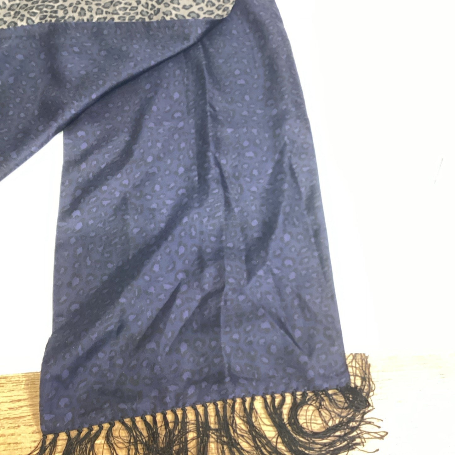 Reversible Leopard Print Scarf With Black Fringe - 50”L
