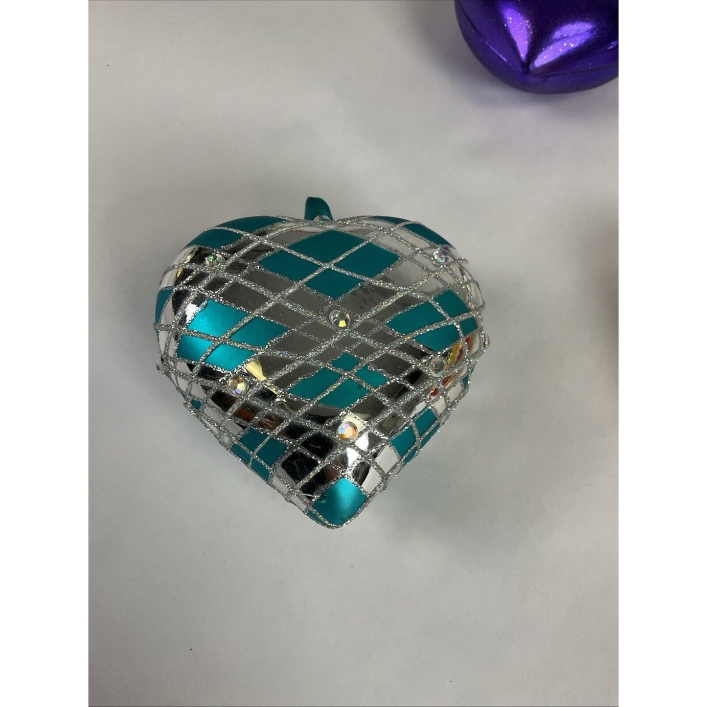 Lot Of 6 heart Shaped 2 Sided Glass Christmas Ornaments Purple Silver Red Floral