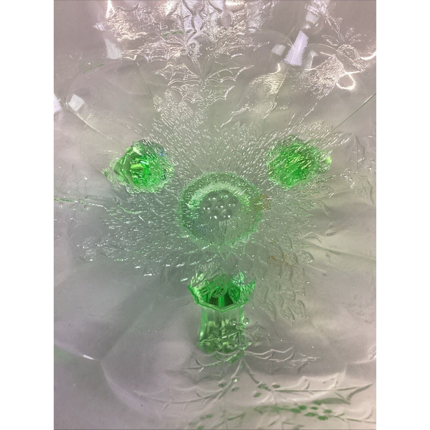 Vintage Fenton Stag and Holly Green Uranium Glass 3 Footed Bowl - 10x3.75”