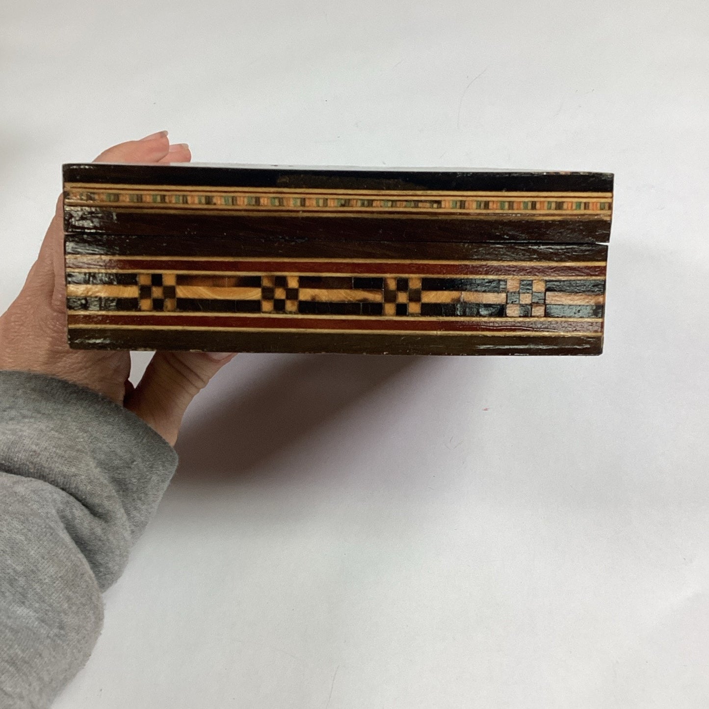 VINTAGE Mosaic Wooden Jewelry Hinged Trinket Box W/ Red Velvet Interior - 7.75”L
