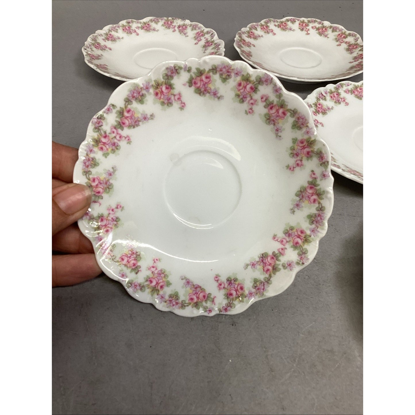 Set Of 10 Vintage Elite Works Limoges Scalloped Edge Saucers Pink Roses - 5-3/4”