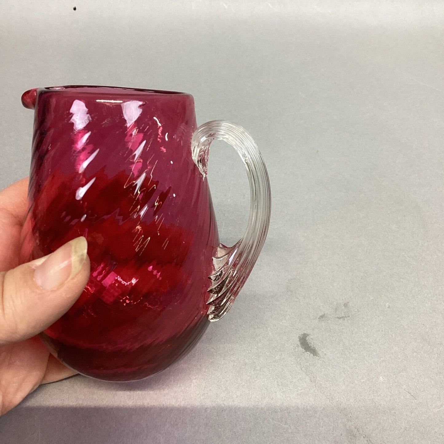 Vintage Pilgrim Cranberry Glass Applied Handle Small Pitcher - 3 7/8”H