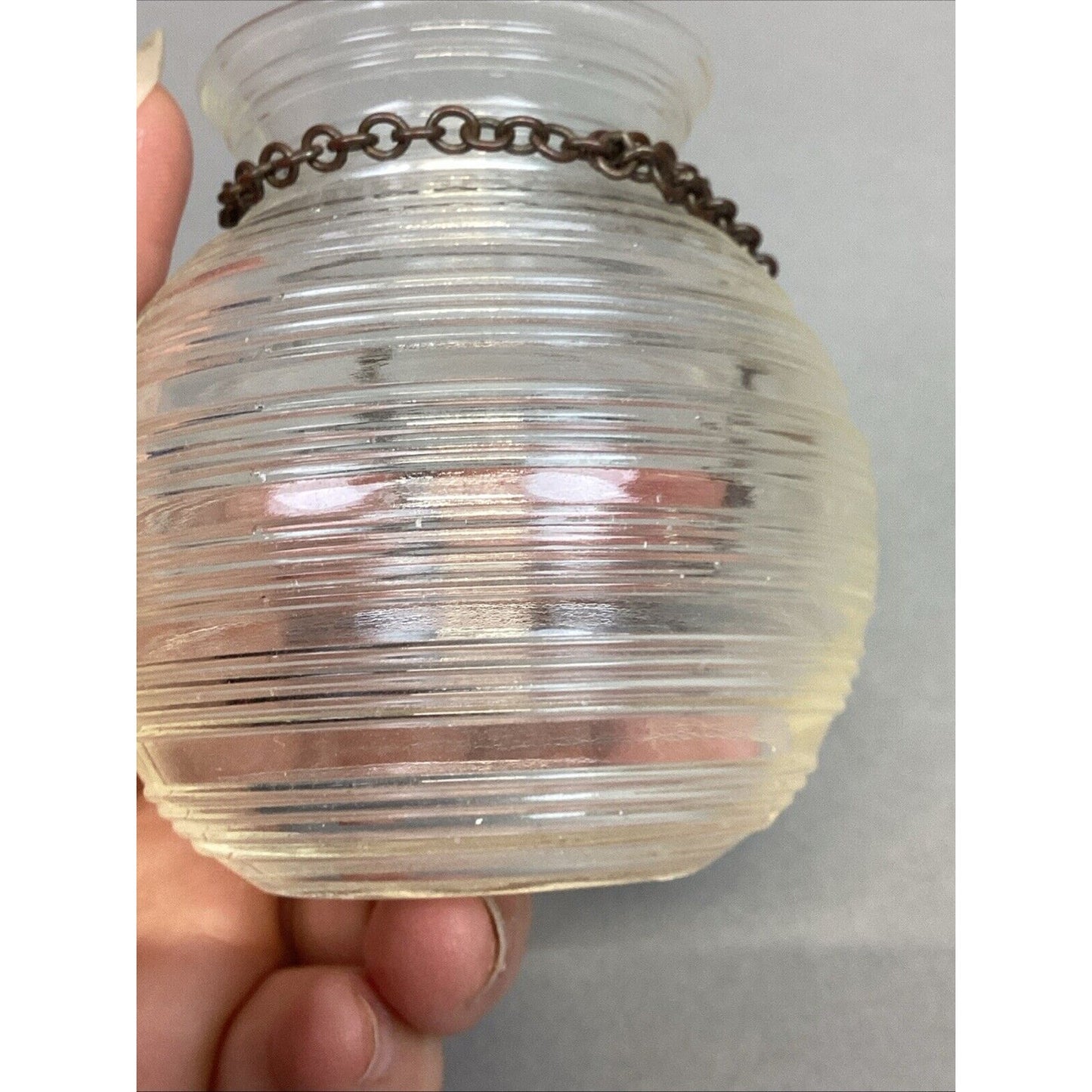 Vintage Clear Depression Glass Small Ribbed Bee Hive Vase With Chain - 3”