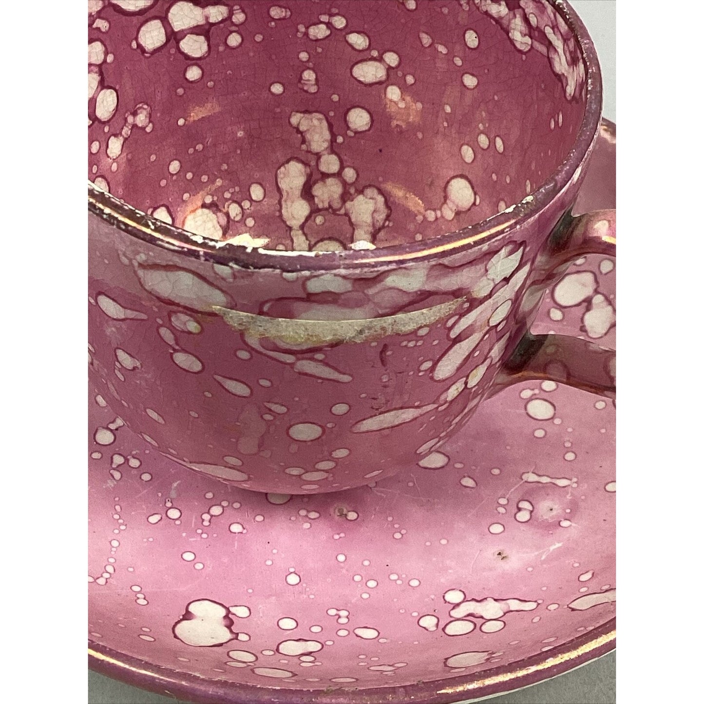 Antique Rare 1800’s Pink Staffordshire Oil Splash Luster Teacup Saucer Set