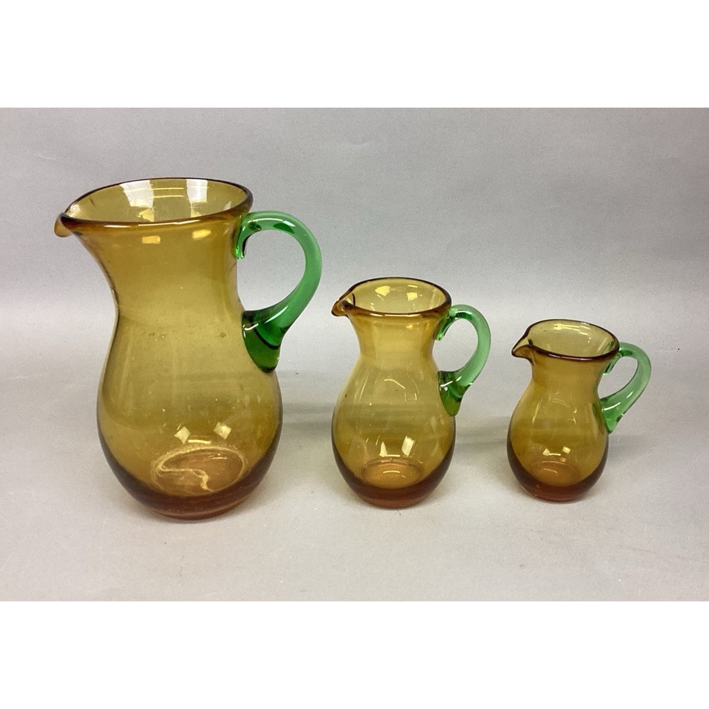Set Of 3 Art Bubble Glass Hand Blown Pitcher W/ Amber Green Attached Handle