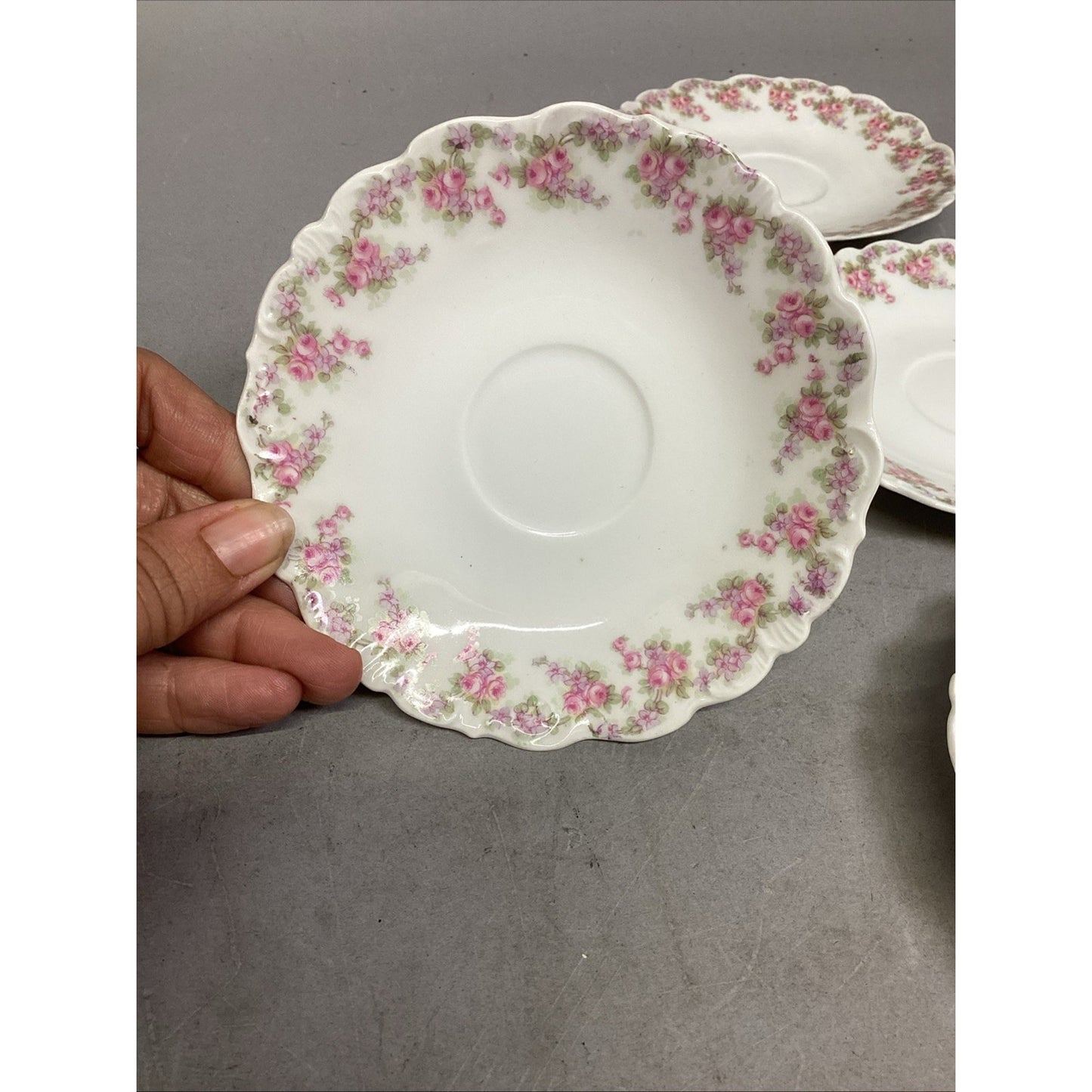 Set Of 10 Vintage Elite Works Limoges Scalloped Edge Saucers Pink Roses - 5-3/4”