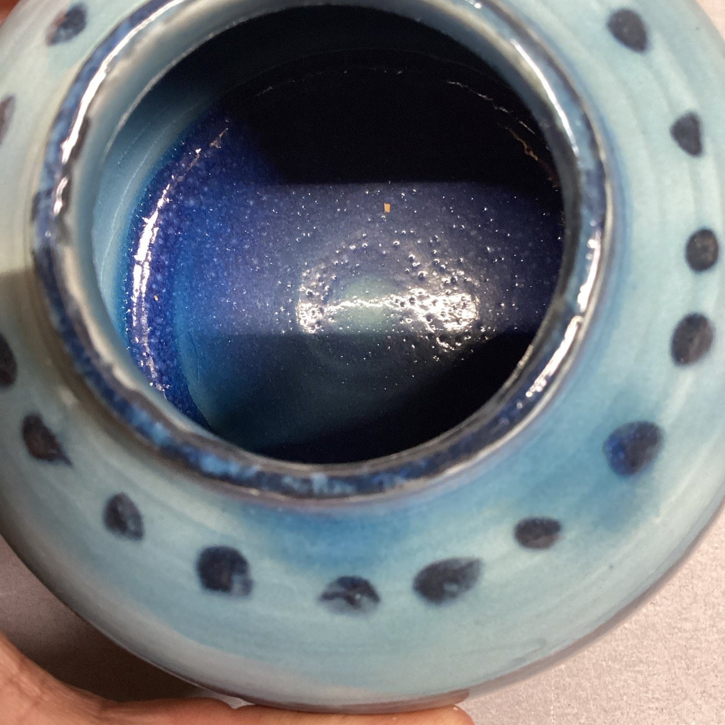 Handmade Pottery Clay Blue Stripe Vase - 3.25”Hx3.5”D