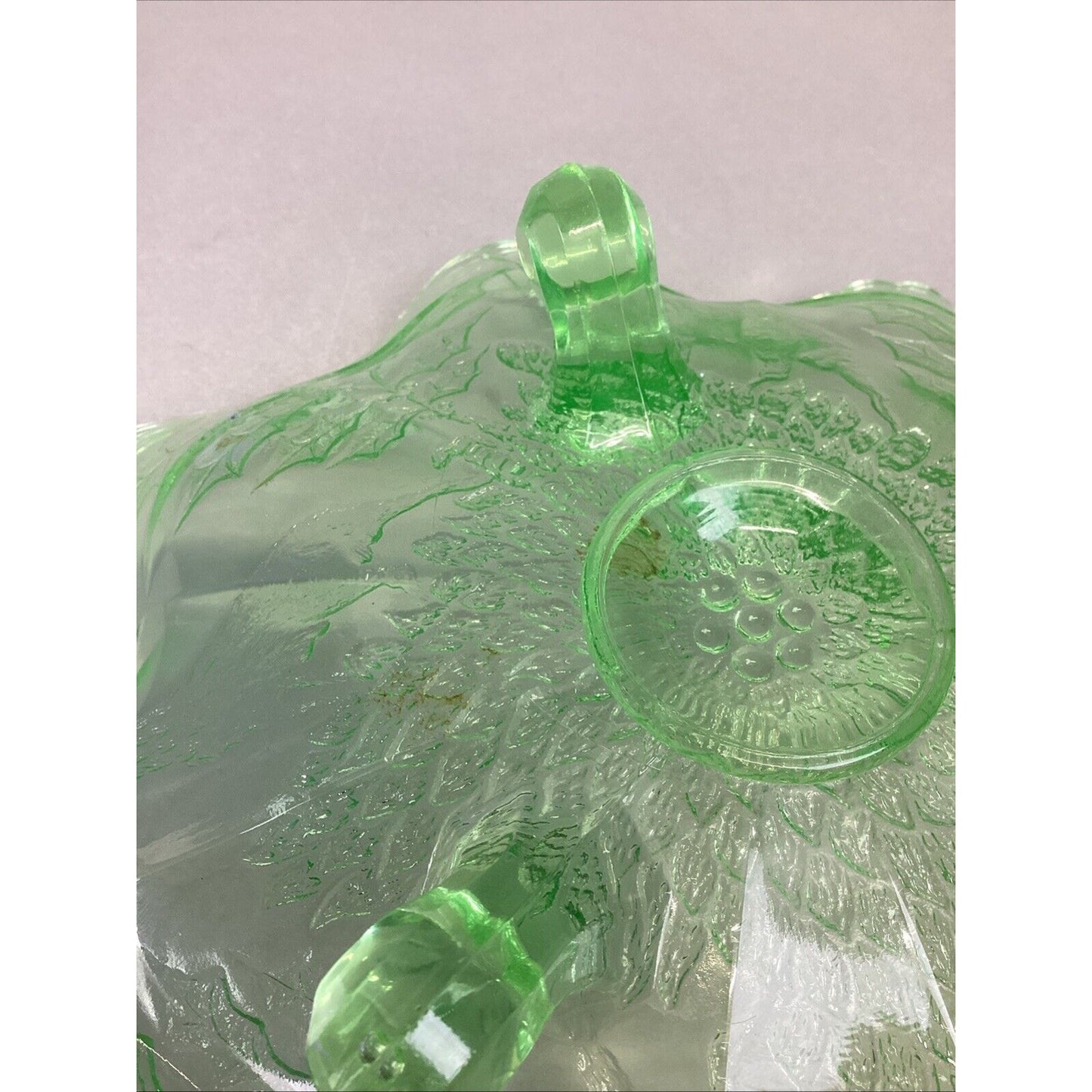 Vintage Fenton Stag and Holly Green Uranium Glass 3 Footed Bowl - 10x3.75”