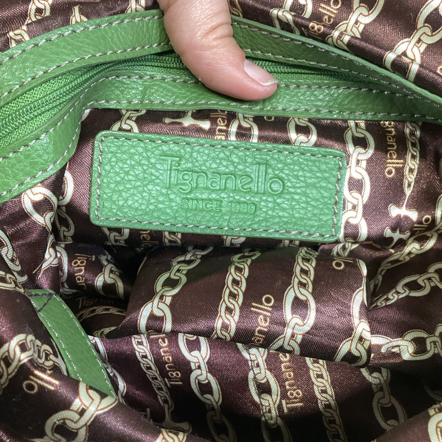 TIGNANELLO Double Handle Green Pebbled Leather Satchel Shoulder Bag Purse