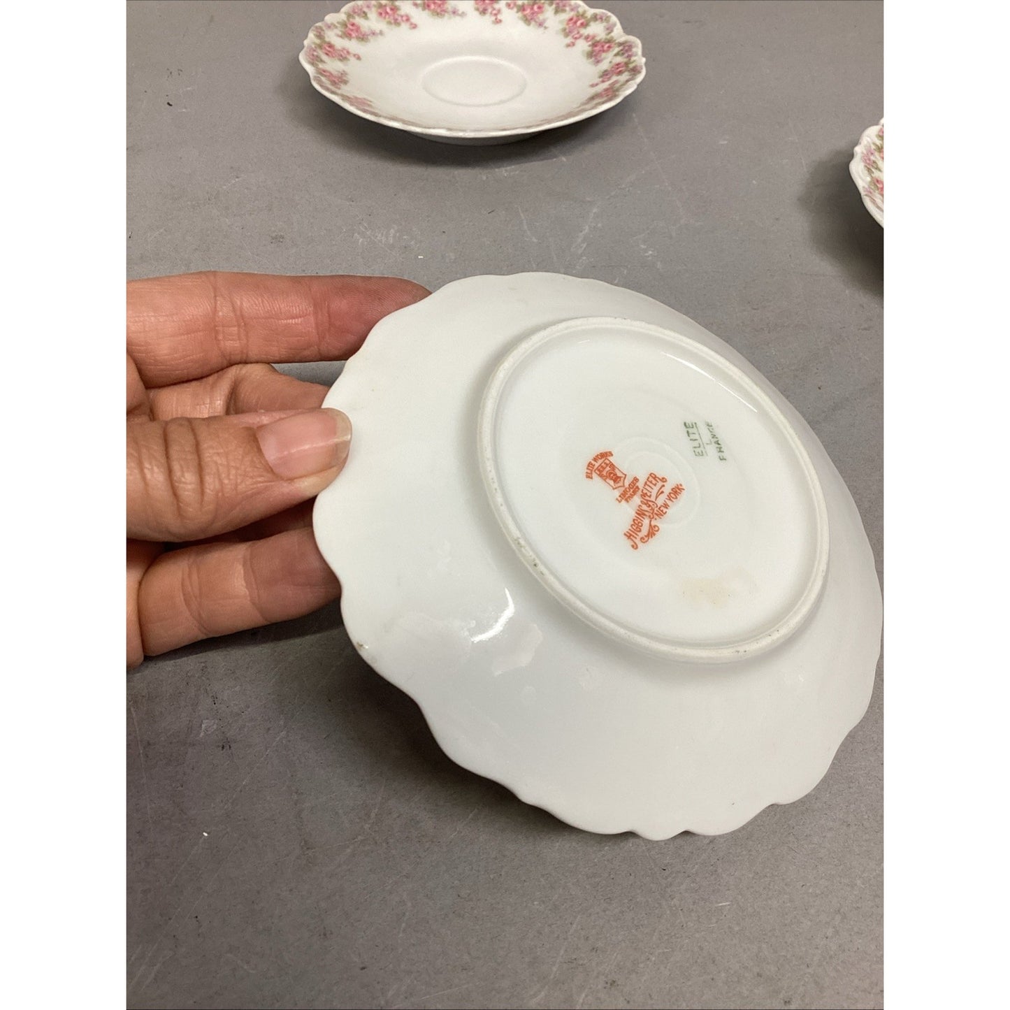 Set Of 10 Vintage Elite Works Limoges Scalloped Edge Saucers Pink Roses - 5-3/4”