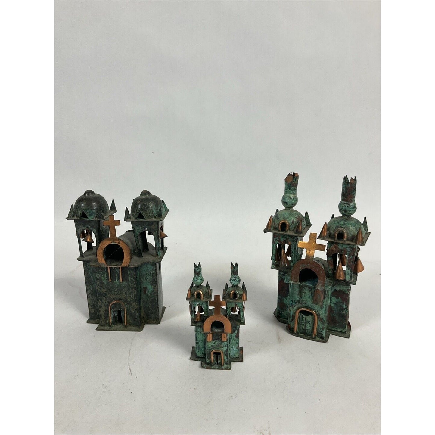 Set Of 3 Vintage Green Bronze & Copper Ayacucho Metal Church W/Bells From Peru