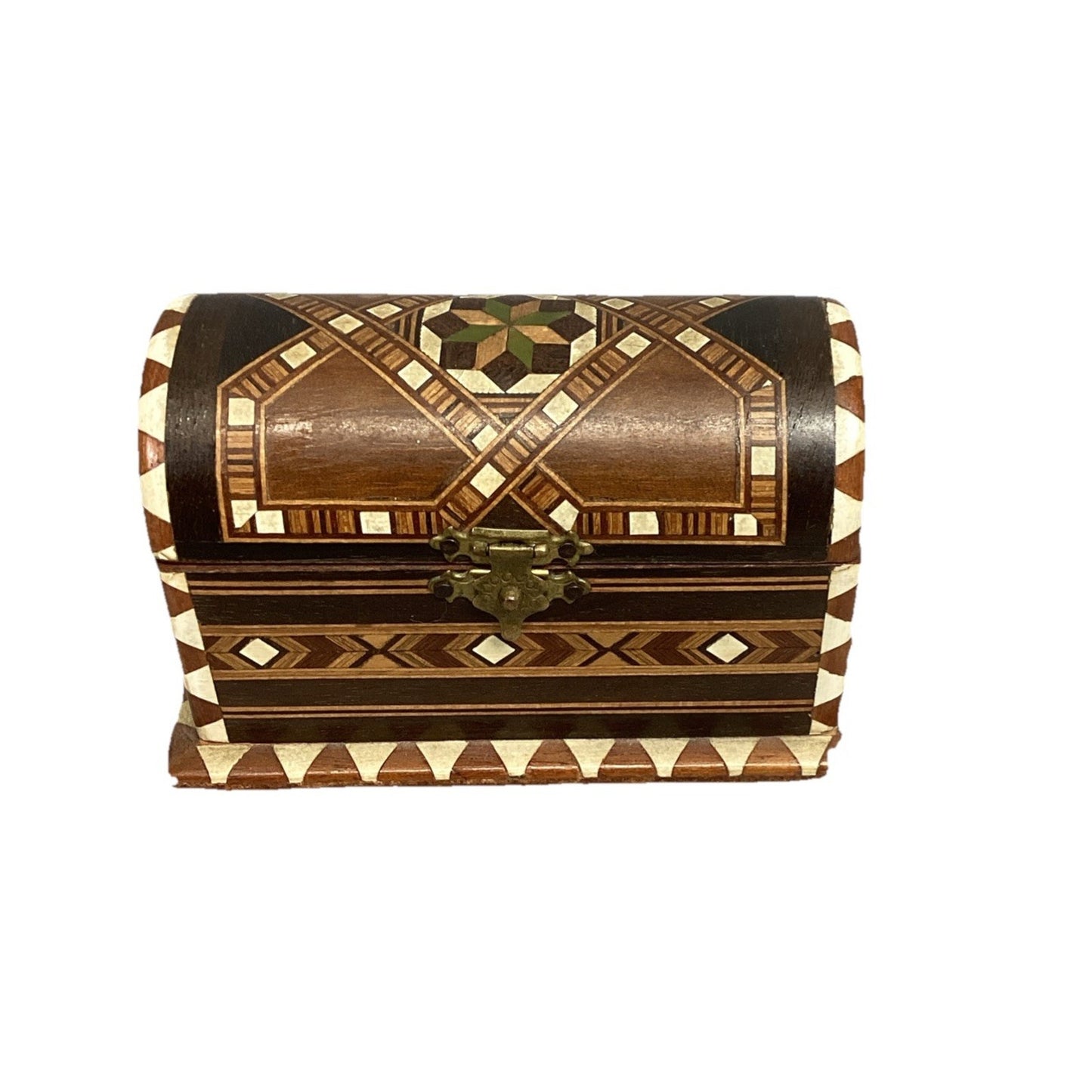 Wooden Inlay Geometric Design Jewelry Treasure Trinket Chest - 4x2.25x2.75” VTG