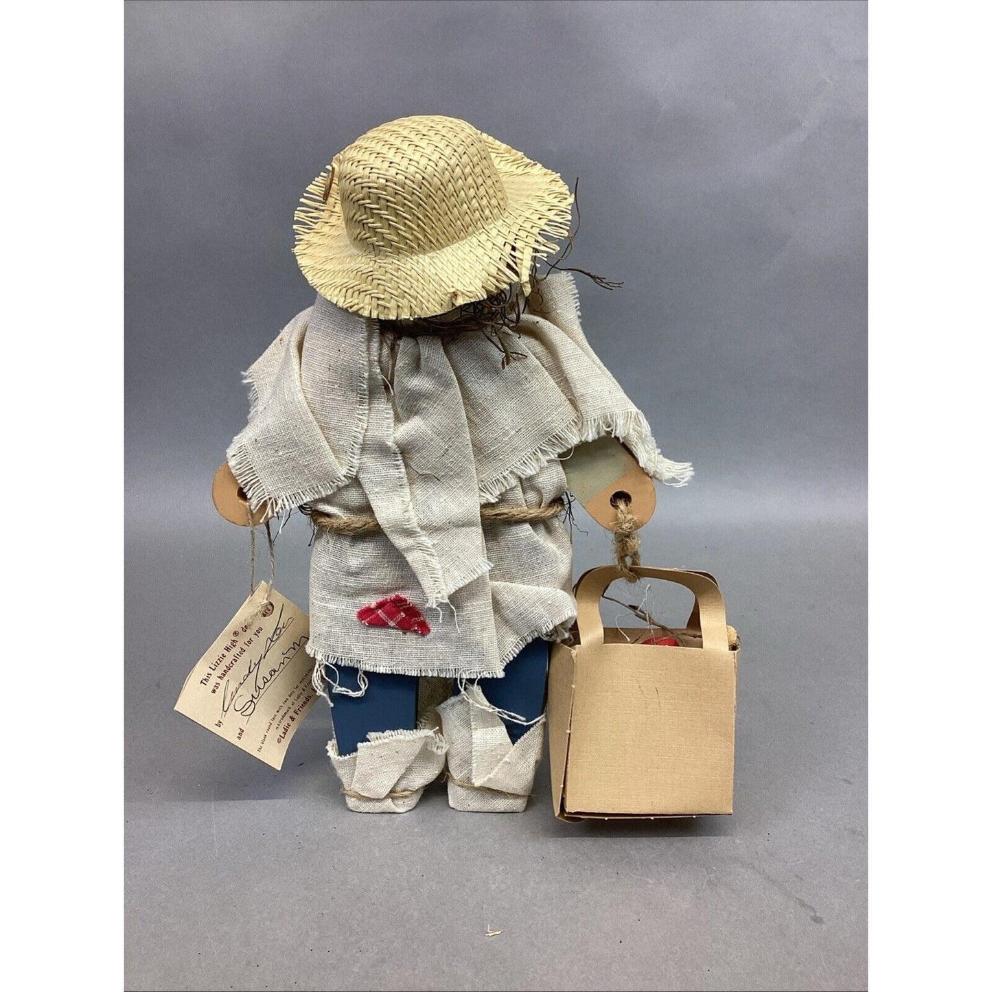 Vintage Lizzie High Scarecrow Wooden Figurine Patch Work - Signed - Fall Decor