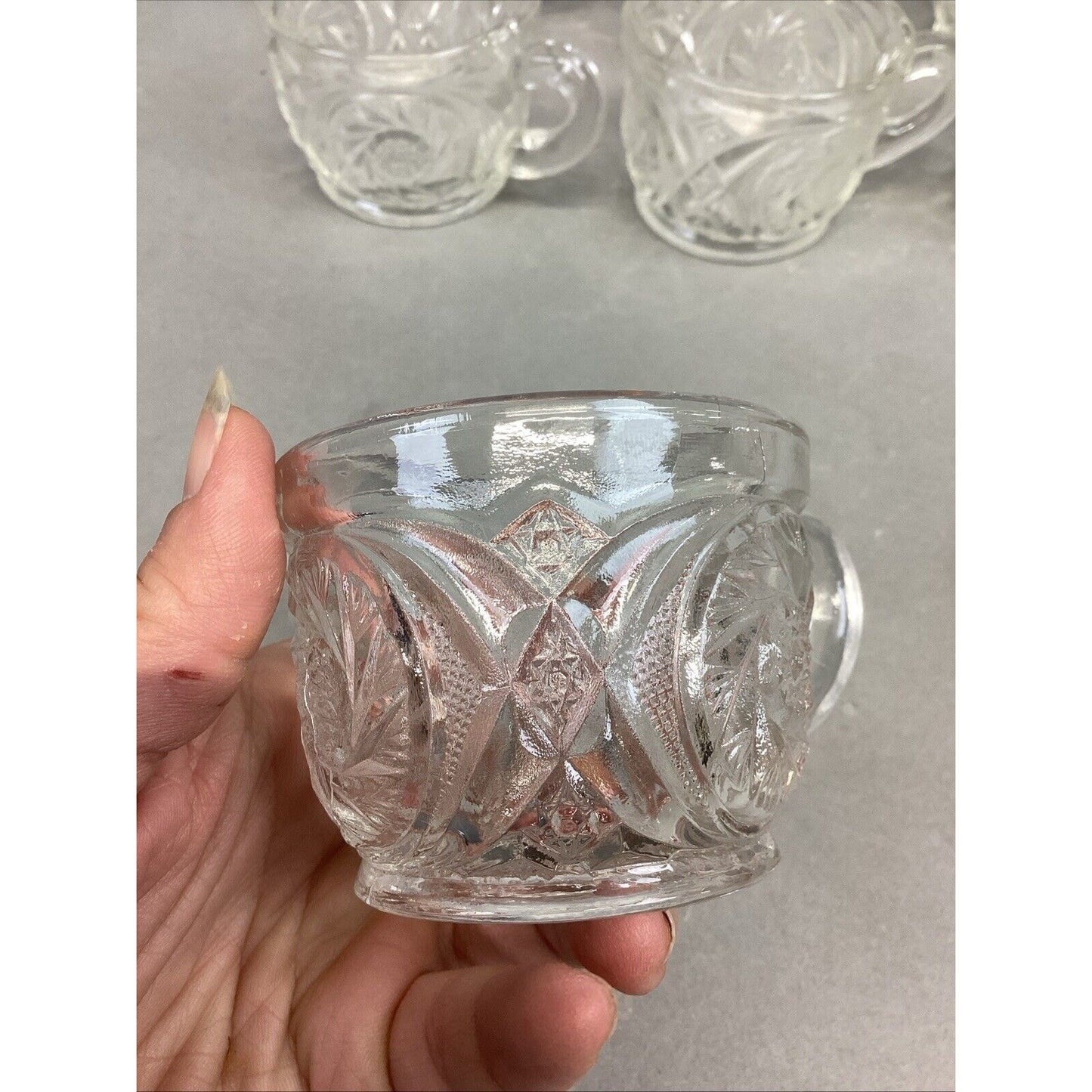L.E. Smith Aztec Carved Crystal Glass Punch Bowl Cups - Set Of 7