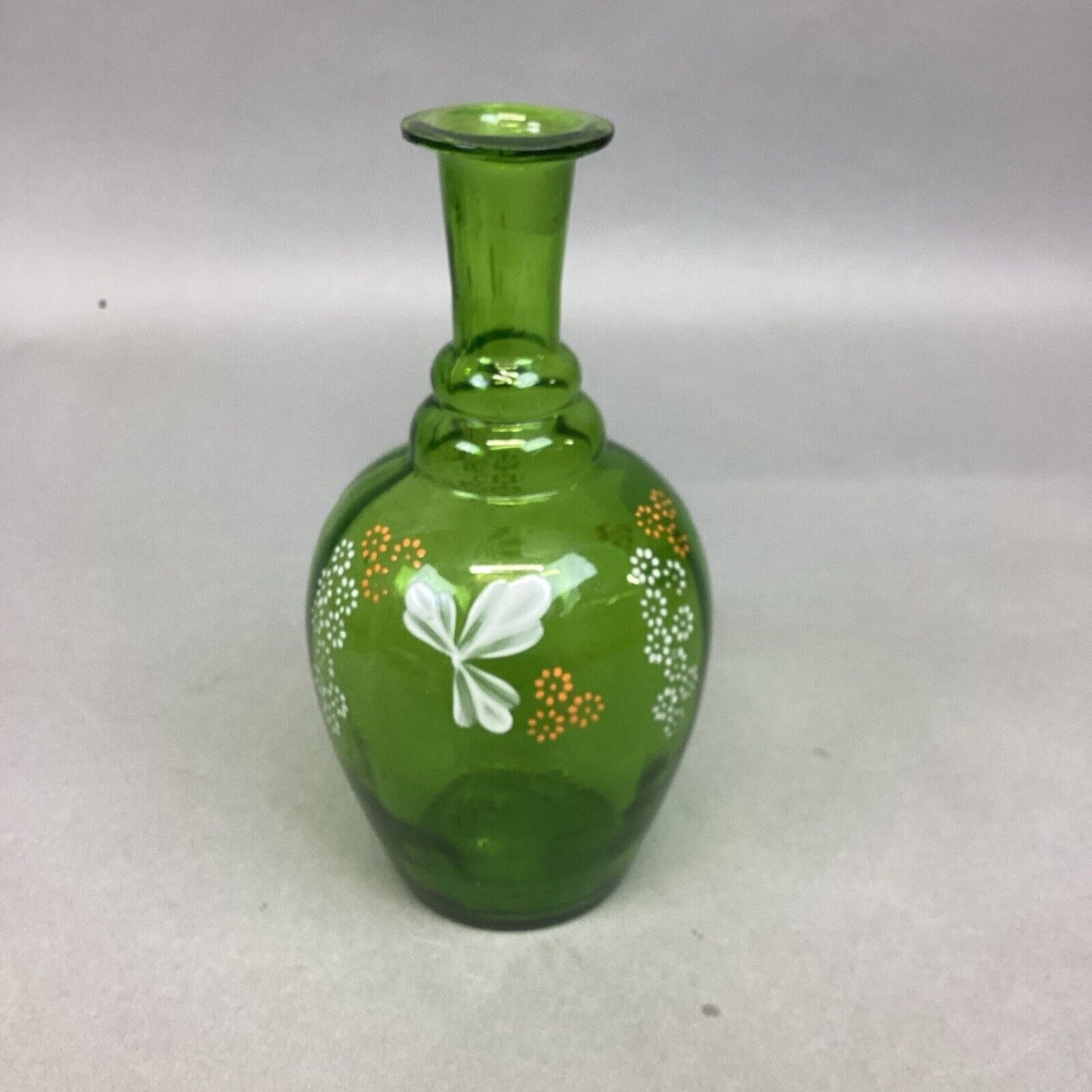 Green Glass Vase With Hand Painted Flowers - 6.75”