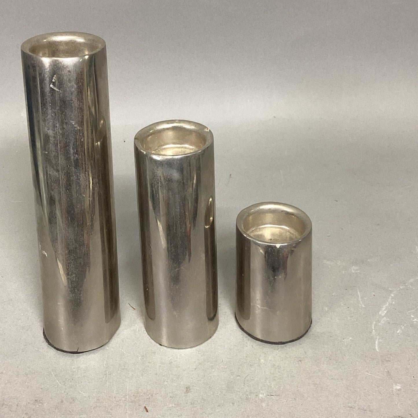 Set Of 3 Silver Plated Candle Holders - 7.5, 5, & 2.75”H