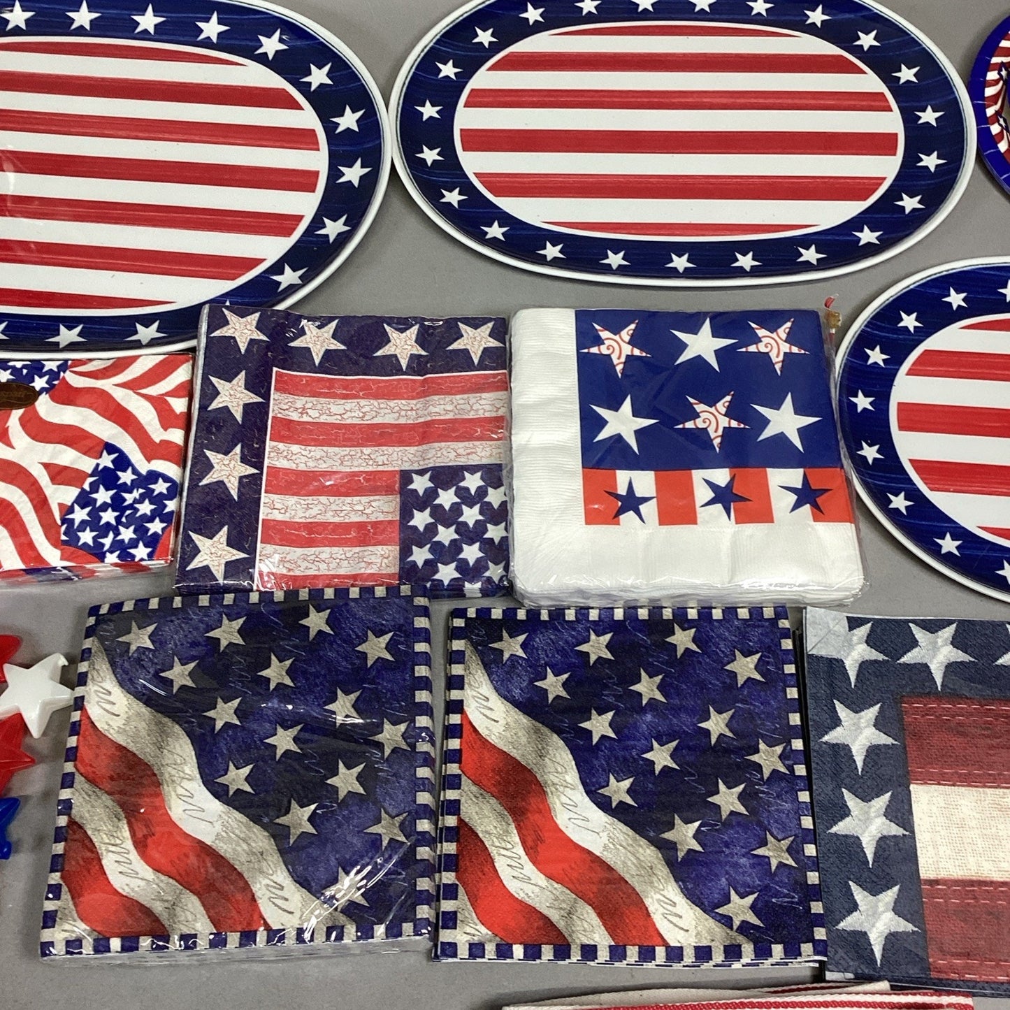 Lot Of 20 July 4th American Flag Decorations- Platters/Plates/Napkins/Ice Cubes