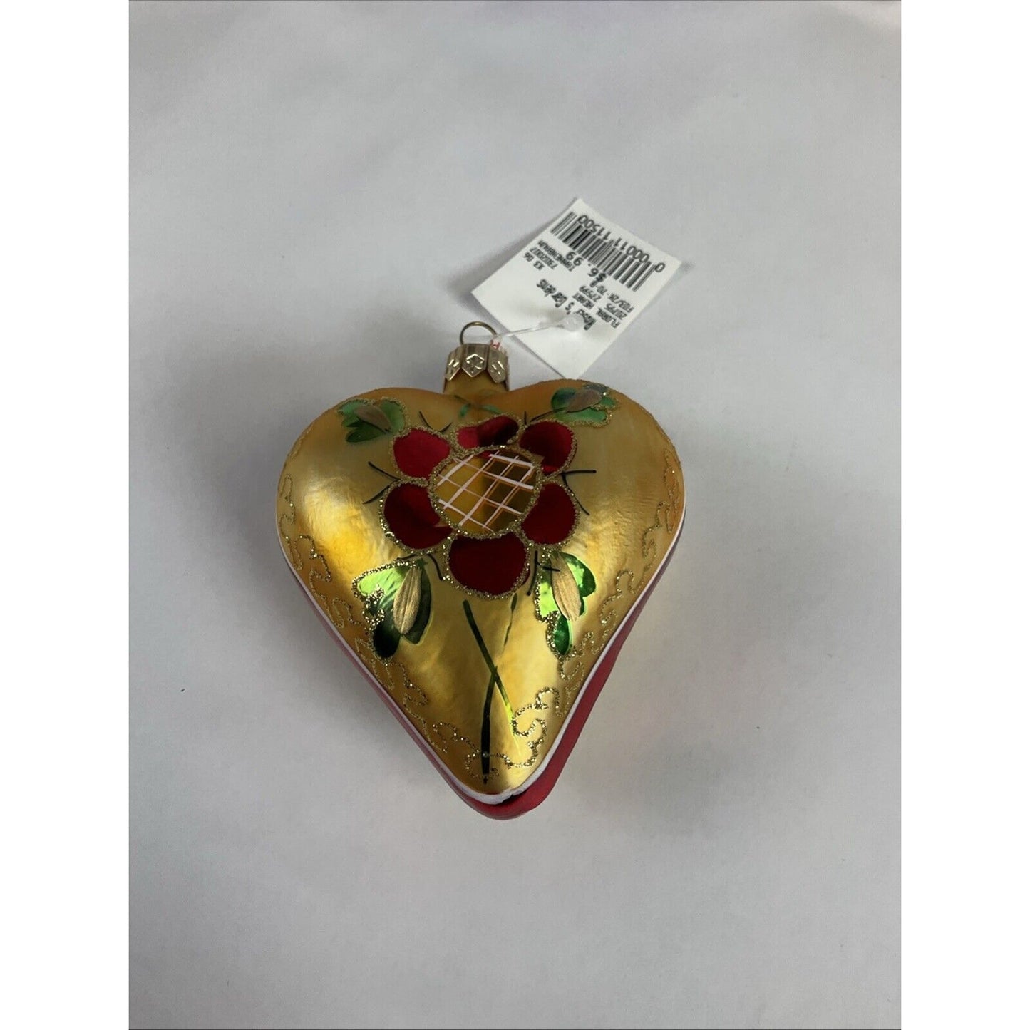 Lot Of 6 heart Shaped 2 Sided Glass Christmas Ornaments Purple Silver Red Floral