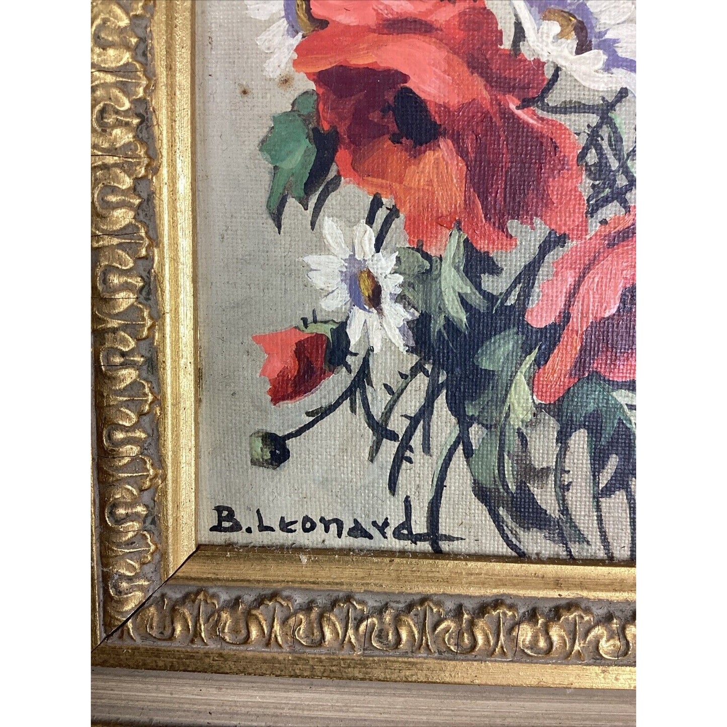B. Leonard Floral Painting In Wooden Frame - 8 3/4x7 3/4”
