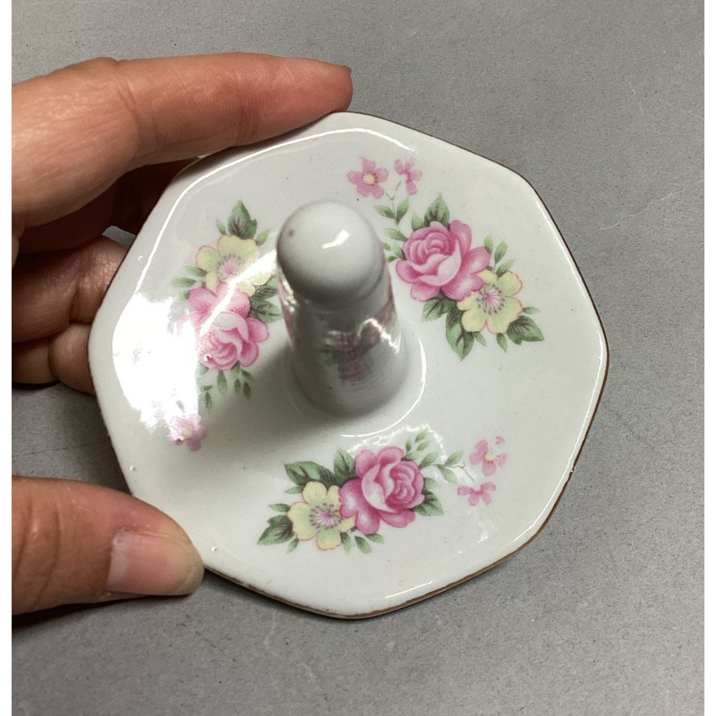 Vintage Porcelain Ring Holder Trinket Dish Pink & Yellow Flowers & Gold Trim