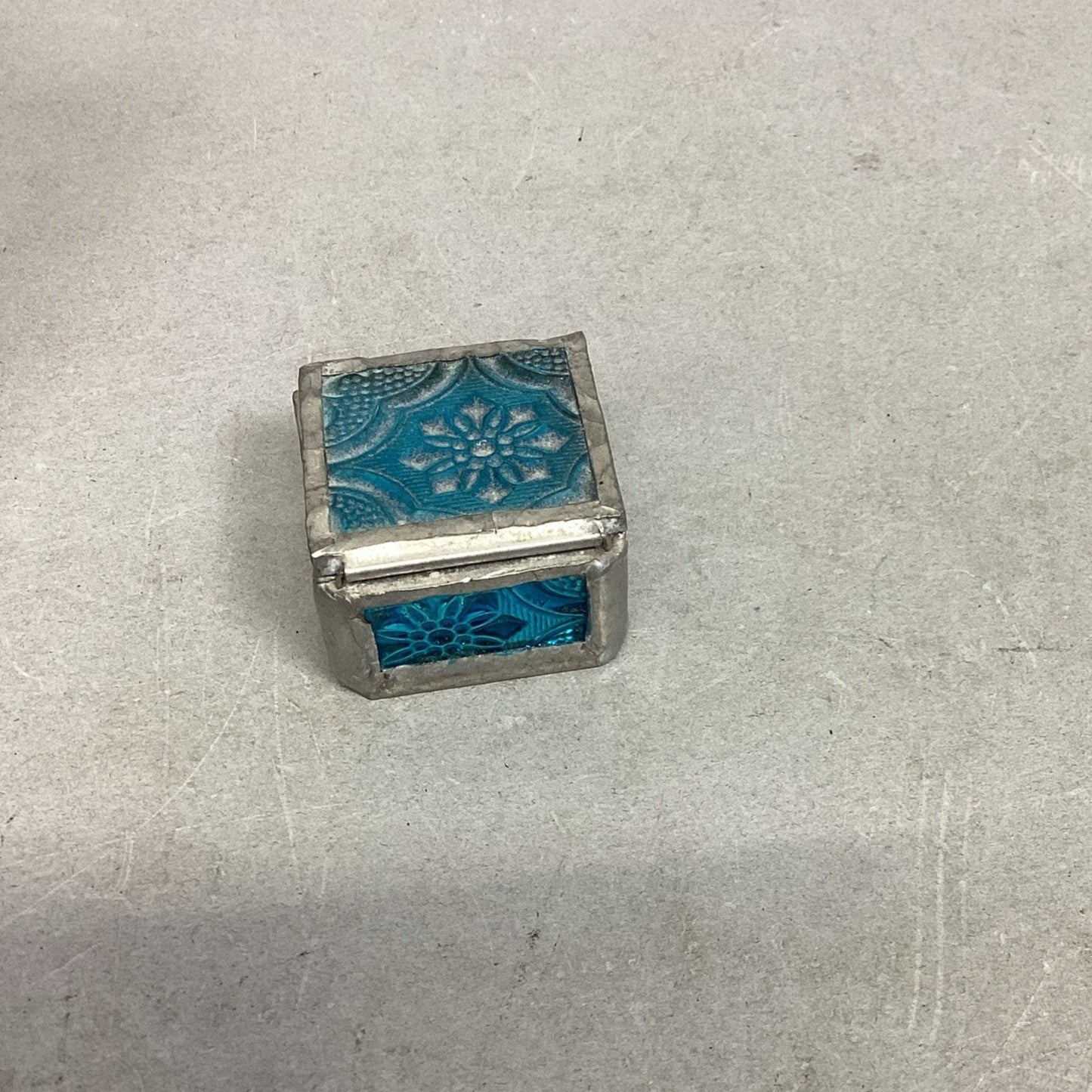 Vintage Handmade Blue Floral Stained Glass Trinket Box - 1.25”D - Indonesia