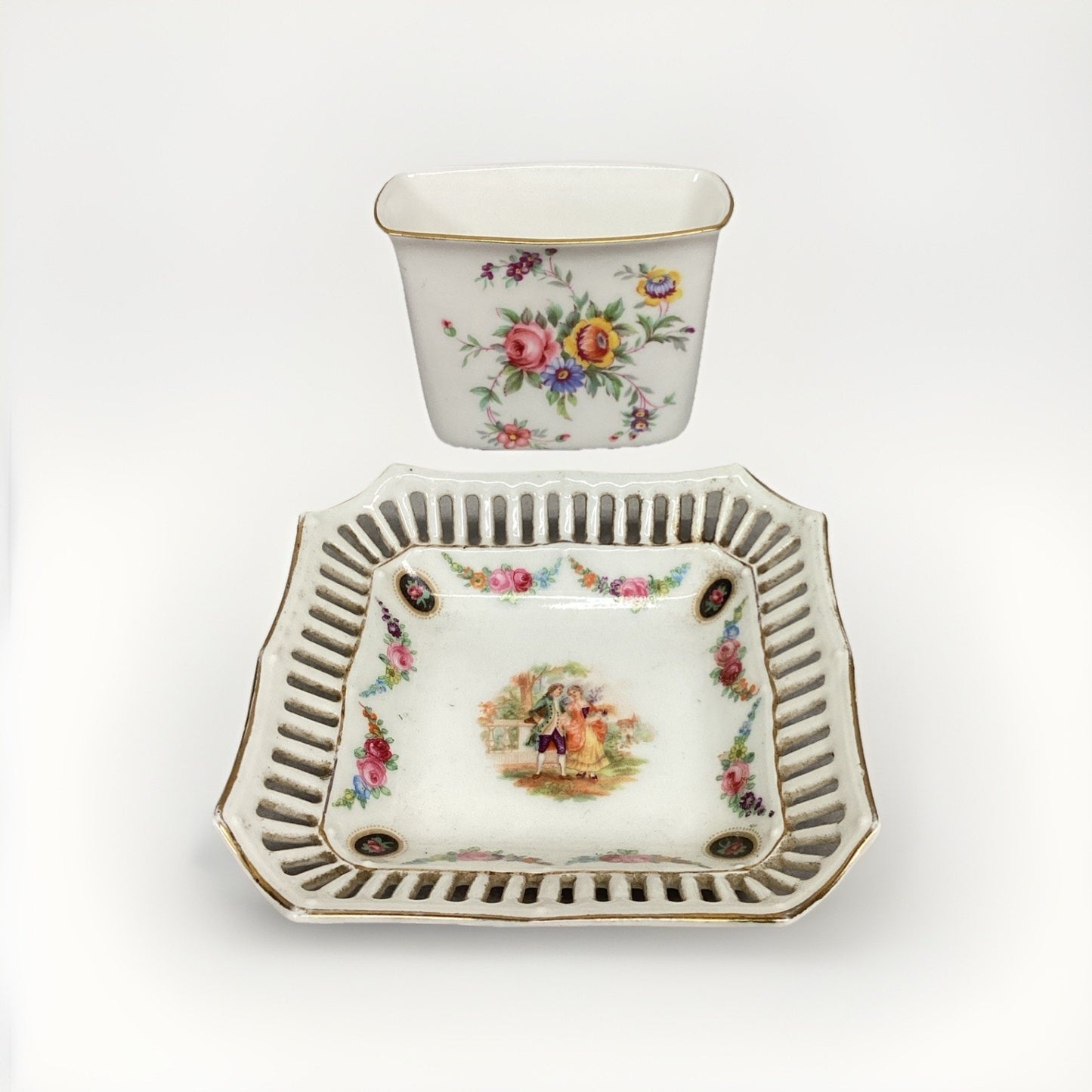 Minton Floral Toothpick Holder & Bavaria Schumann Reticulated Trinket Candy Dish