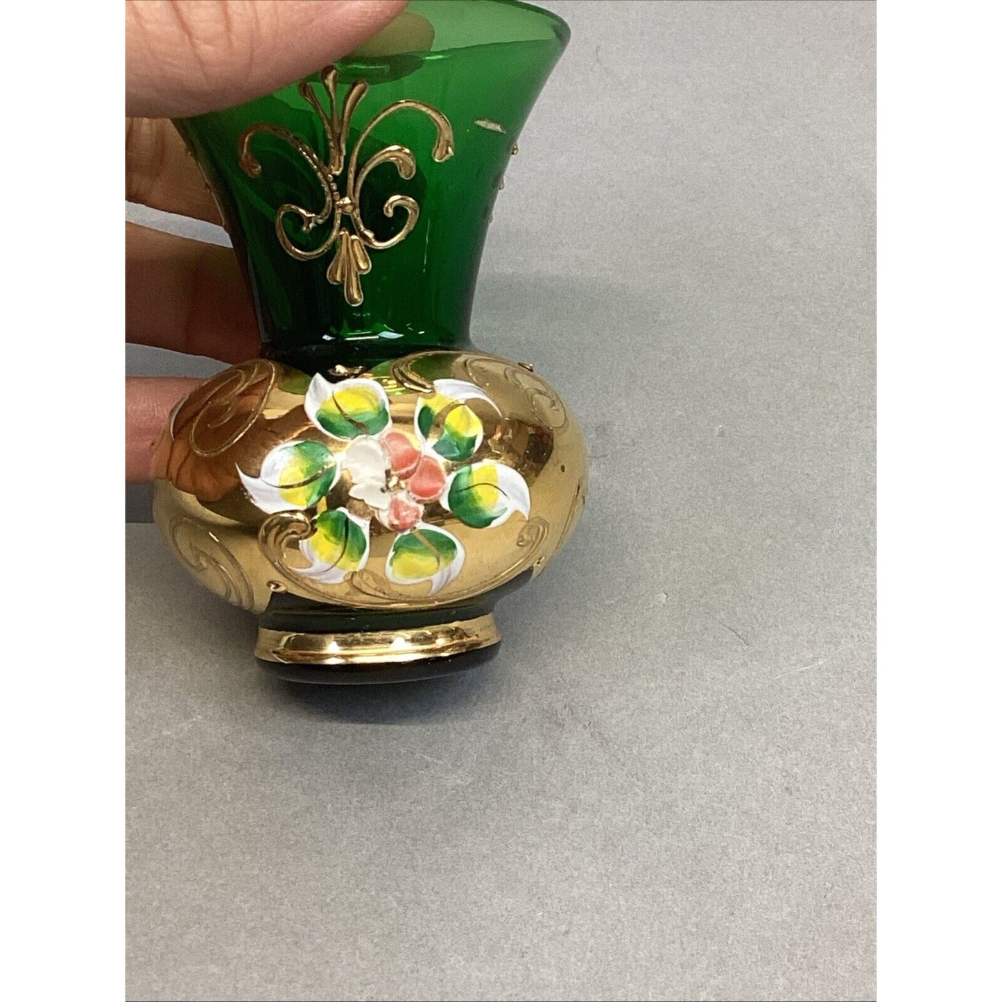 Vtg Bohemian Czech Green Glass Vase Encrusted Gilt Gold Enamel Flowers - 3.25”