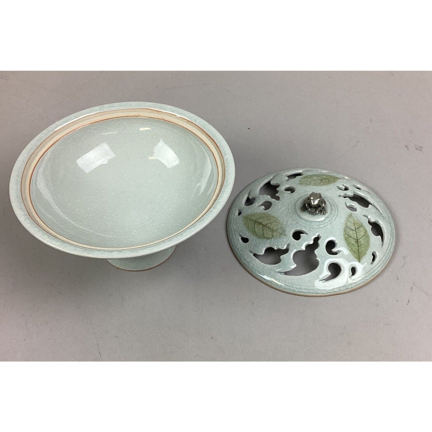 Vintage Blue Pedestal Bowl With Lid W/ Silver Frog - 7 3/4”