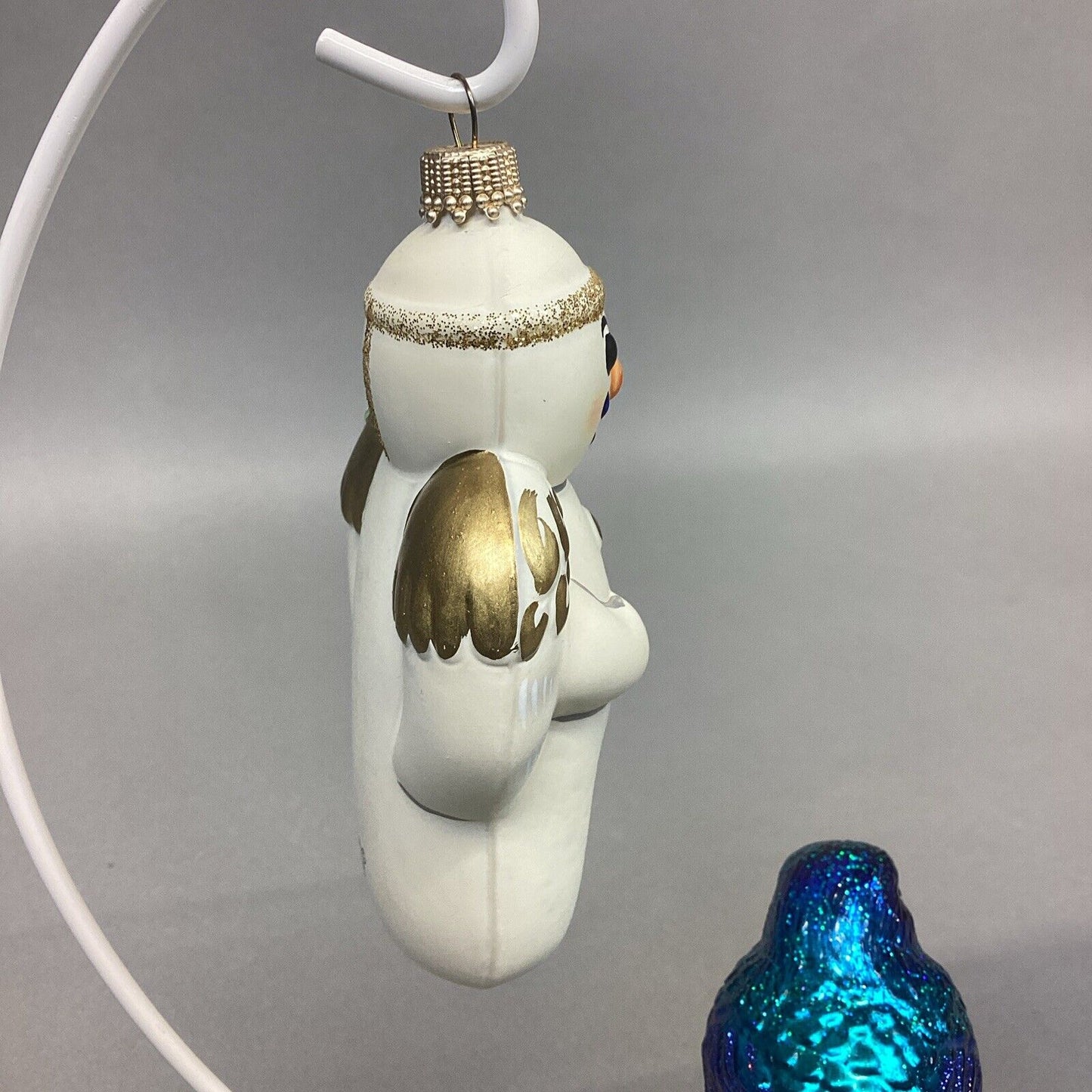 Old World Indigo Bunting, VFA Snowman & Small White Glitter Heart Ornaments