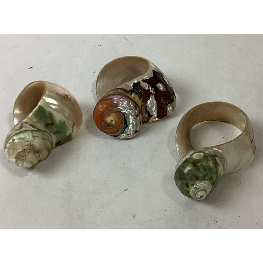 3 Vintage Carved Seashell Conch Mother Of Pearl Napkin Ring Holders MCM