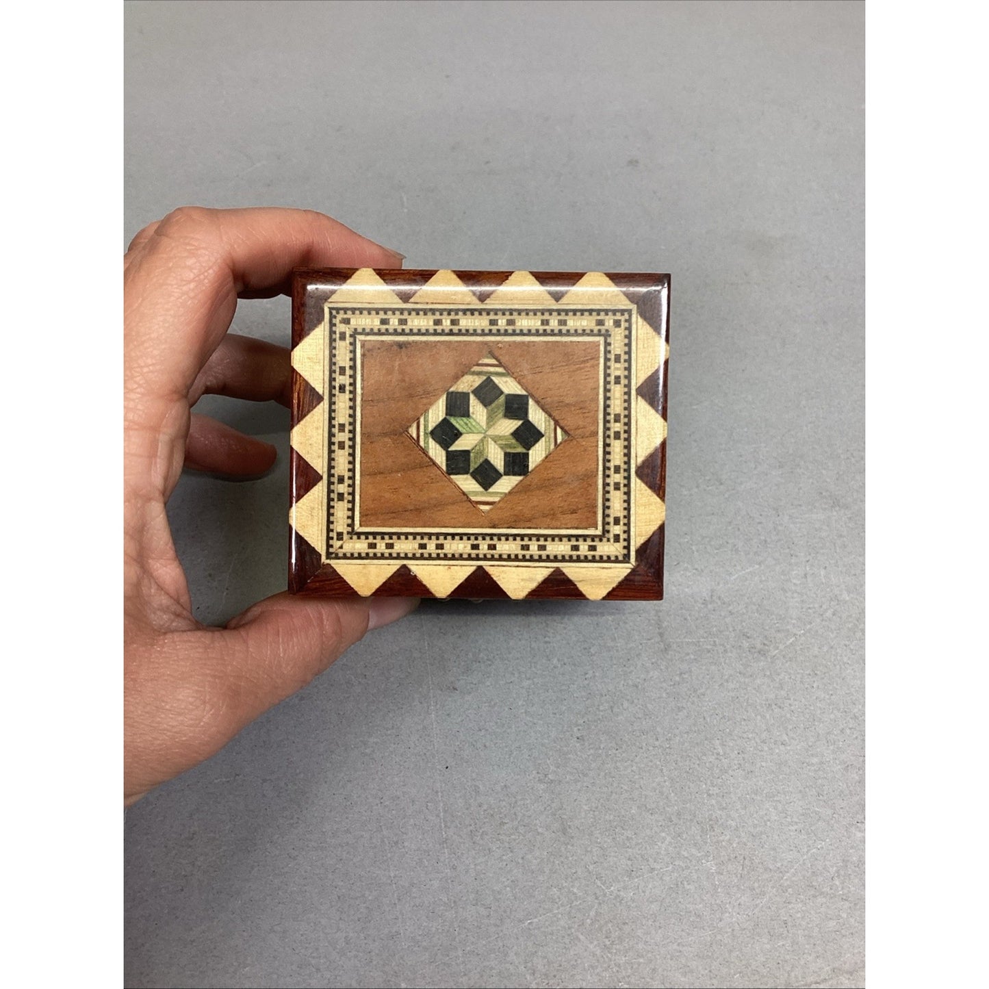 Vintage Lacquered Wood Box Trinket Mosaic Jewelry Stash 2 7/8x2.5x1.75”